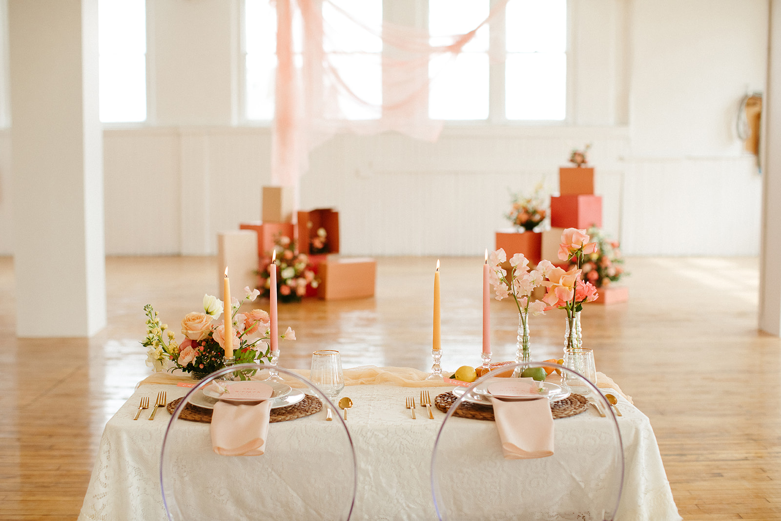 Unique diy ceremony design and sweetheart table for a citrus inspired editorial