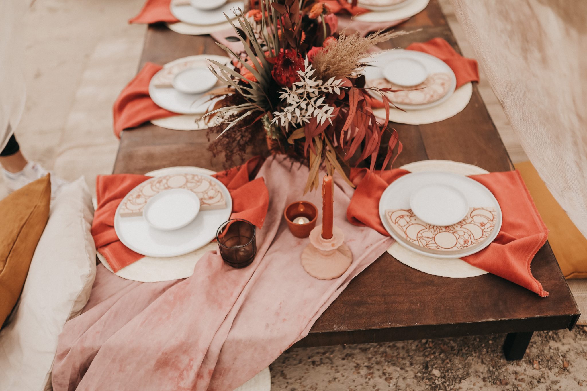Moroccan elopement inspiration tablescape with moon cycle stationery, terracotta accents and boho florals