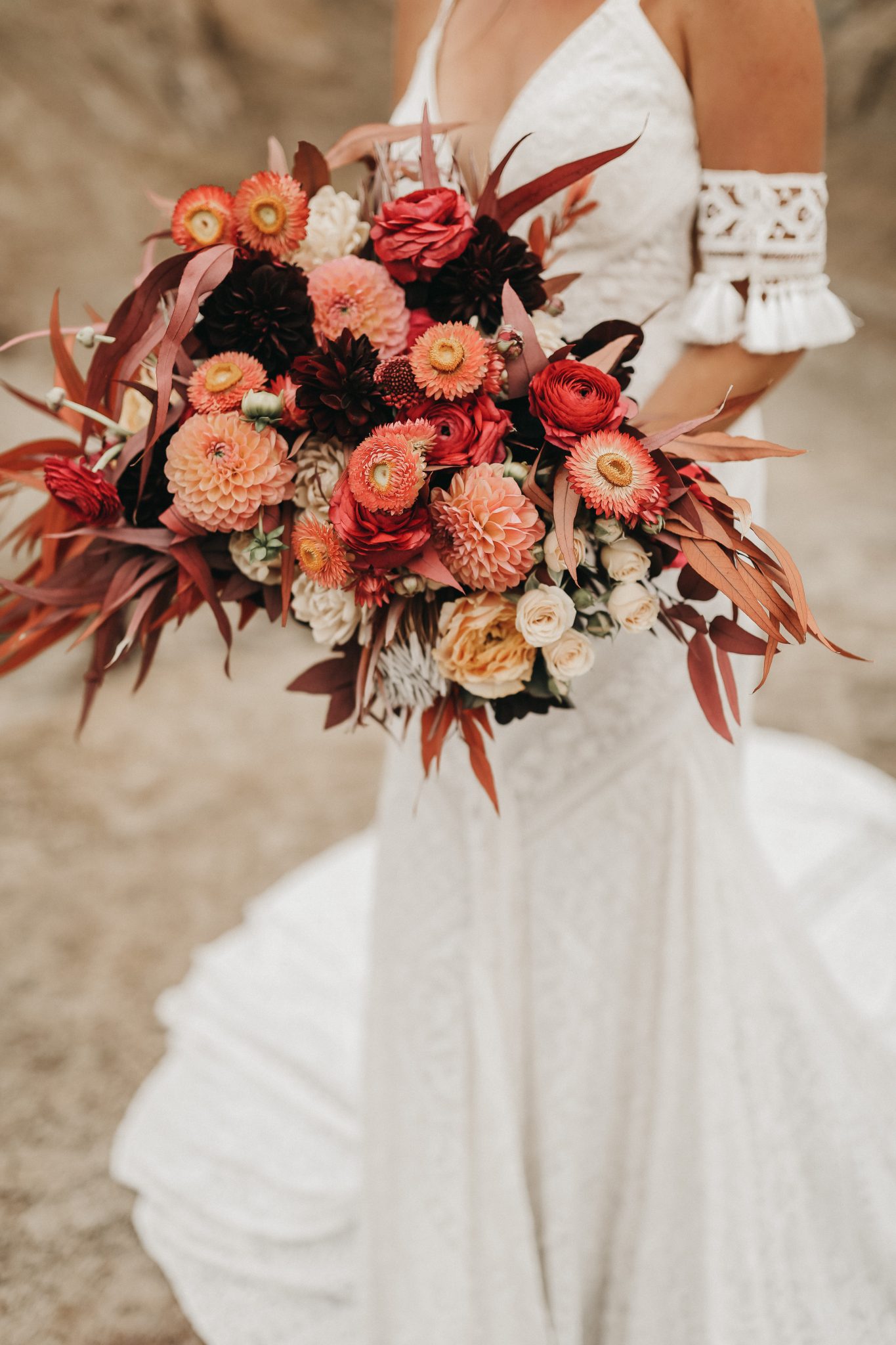 Bold boho bridal bouquet with terracotta hues 