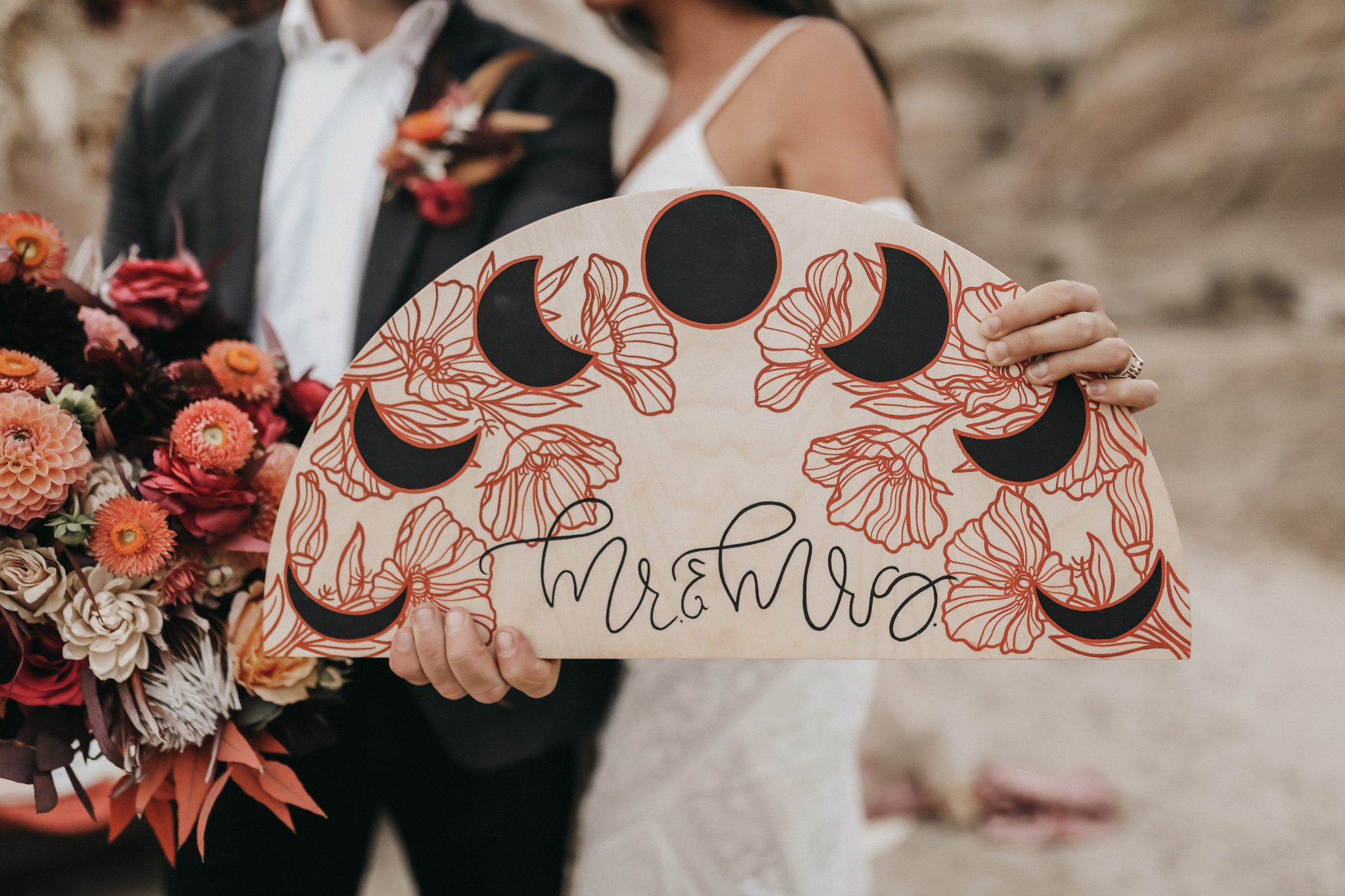 Moon cycle Mr. and Mrs. sign for creative wedding decor inspiration