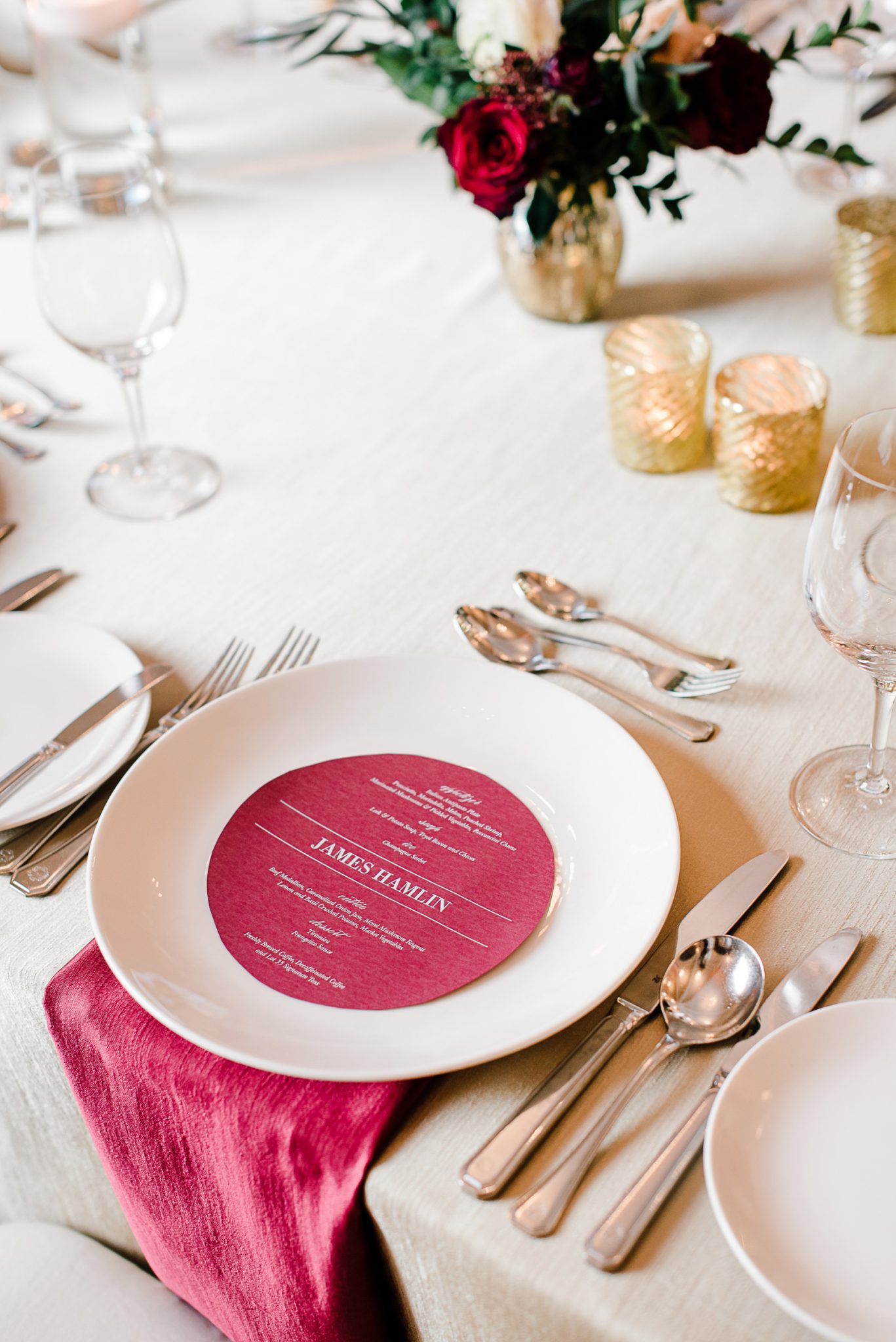 White and red winter wedding table menu inspiration