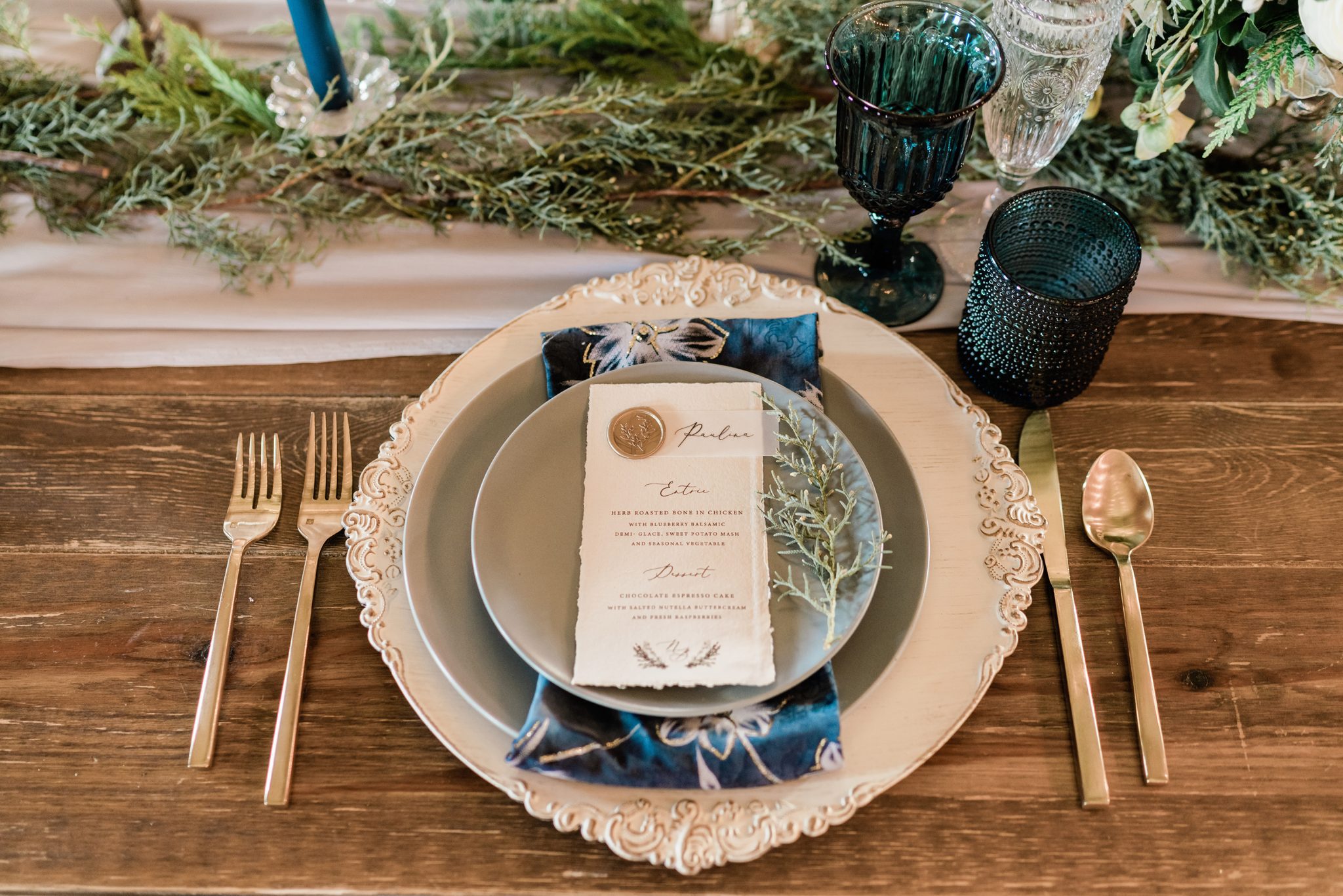 Wedding menu inspiration for a blue and gold tablescape