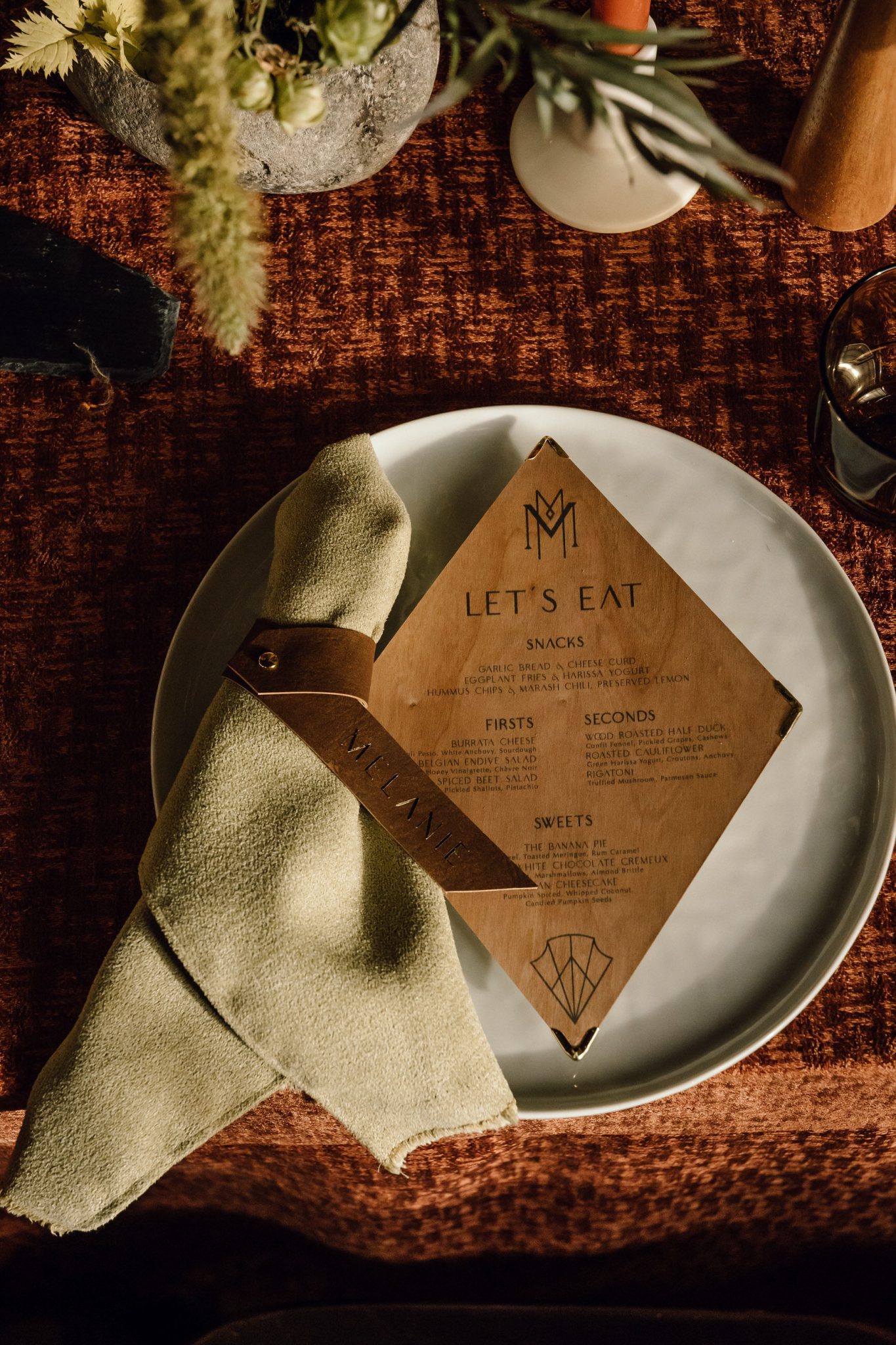 Wood and leather inspired wedding menus