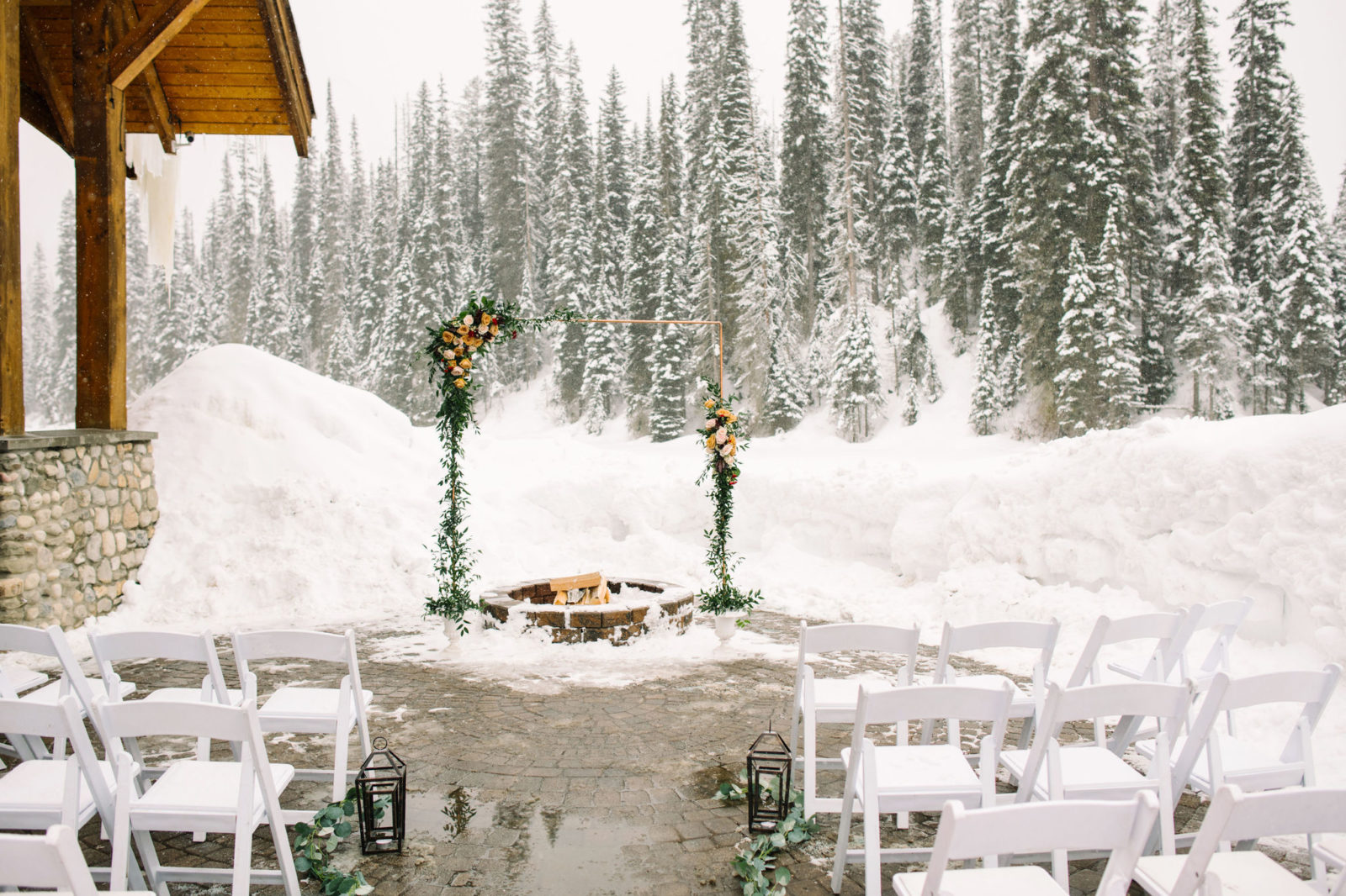 Bold and bright winter wonderland inspired wedding ceremony design at Emerald Lake Lodge