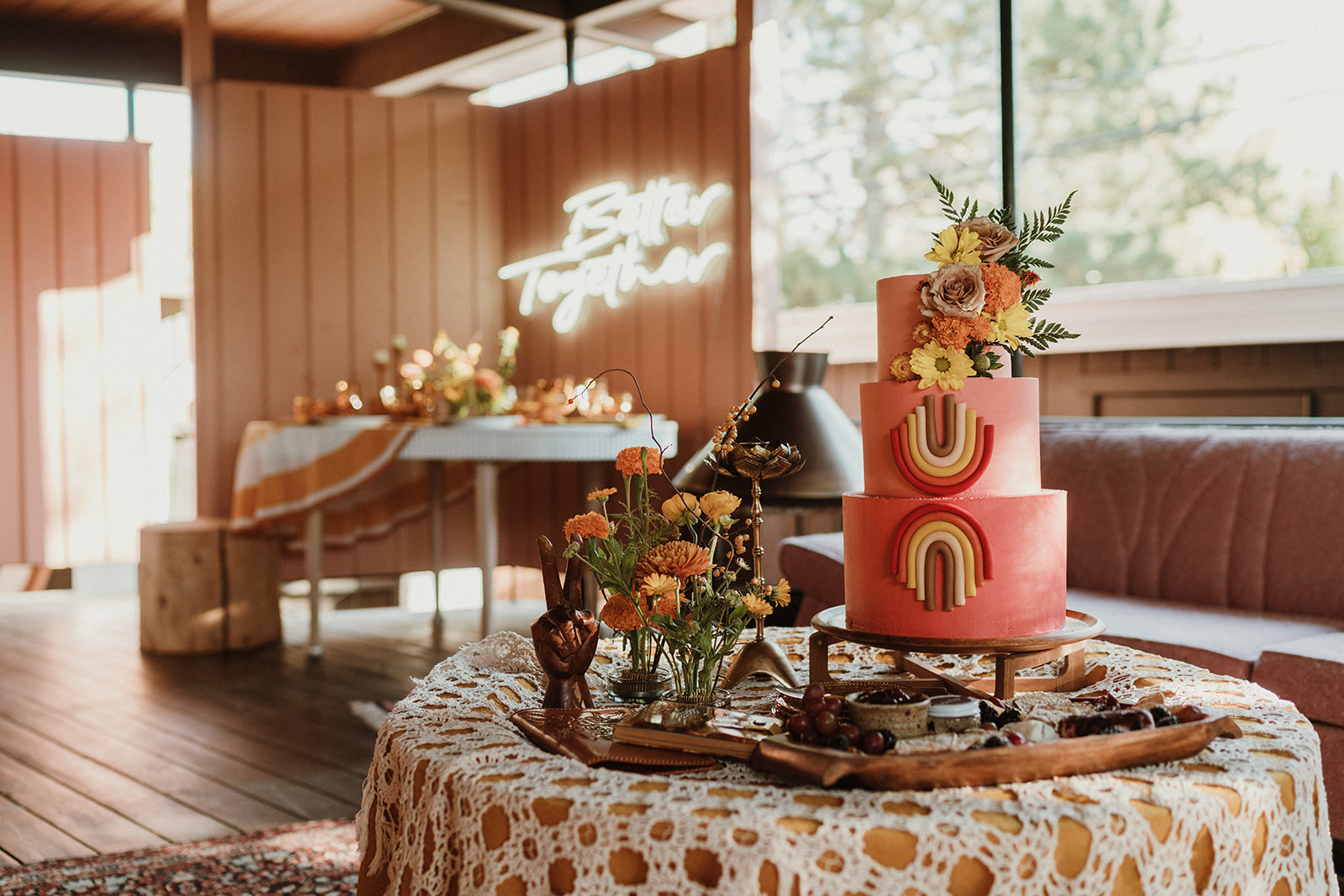 Retro inspired wedding cake with bohemian retro colour palette