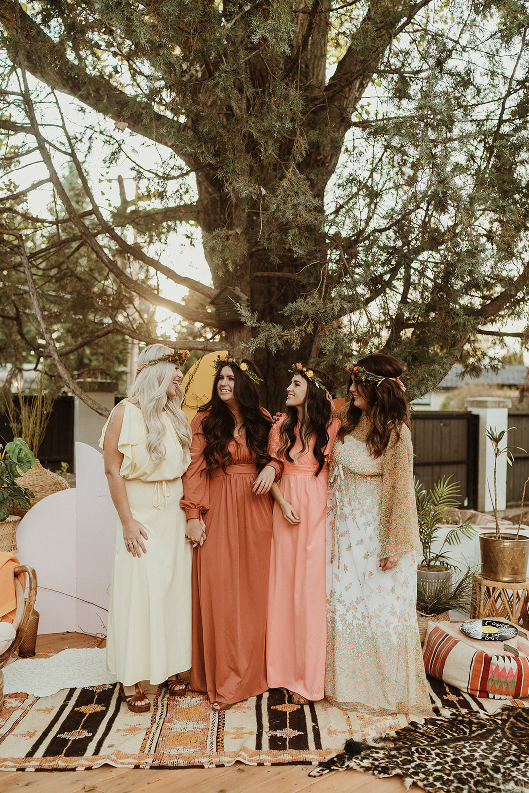 Casual 70's inspired bridesmaid styles for 70's Backyard Wedding Inspiration