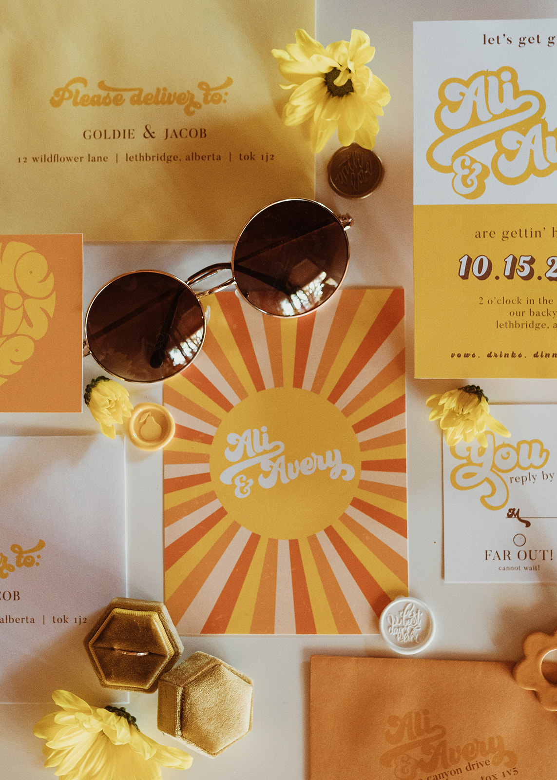 Groovy retro inspired yellow and tangerine wedding day stationery and invitation suite