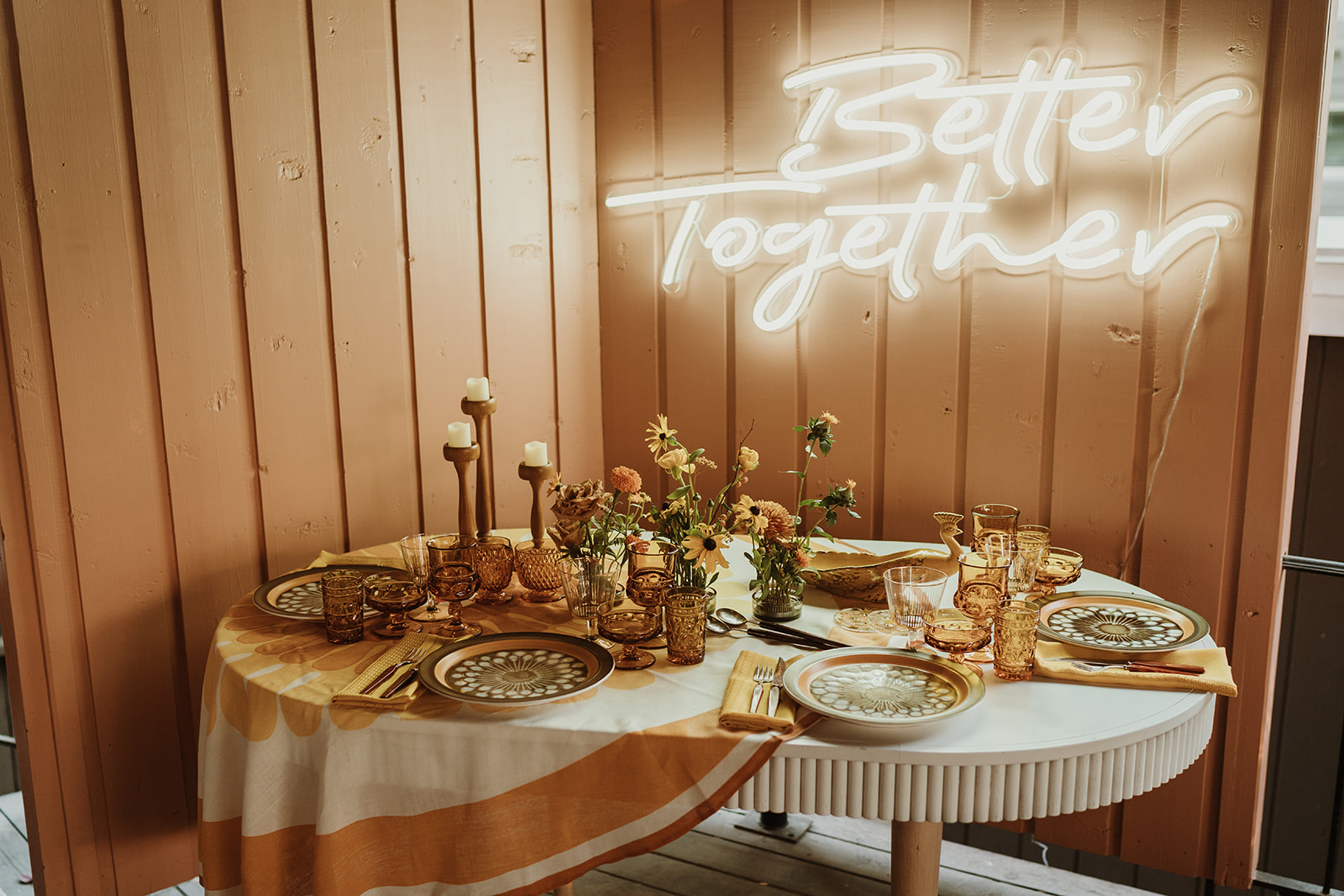 Better Together Neon sign perfect for a retro wedding with vintage tablescape