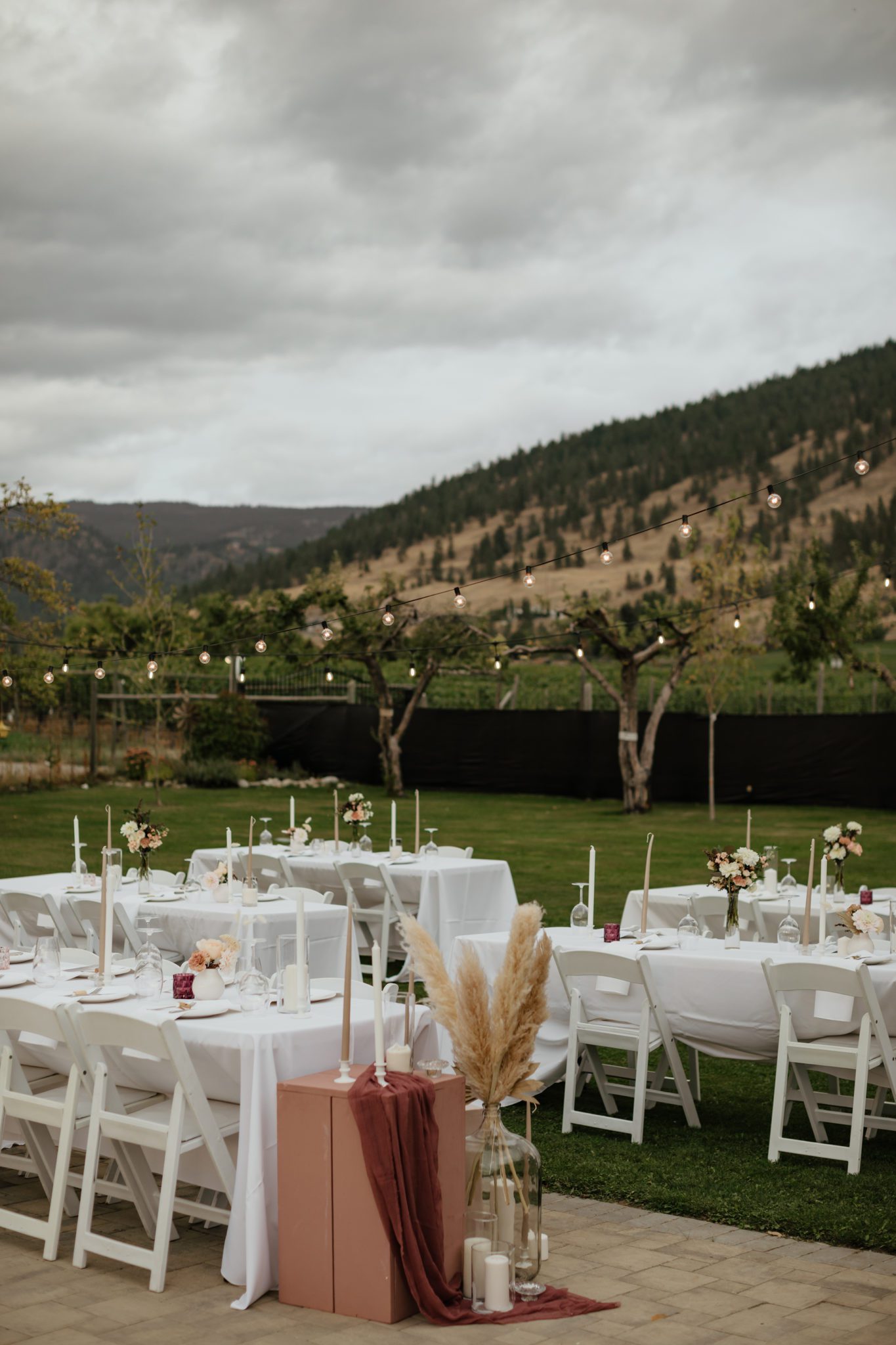 Stunning vineyard summer wedding reception decor in the Okanagan Valley of British Columbia