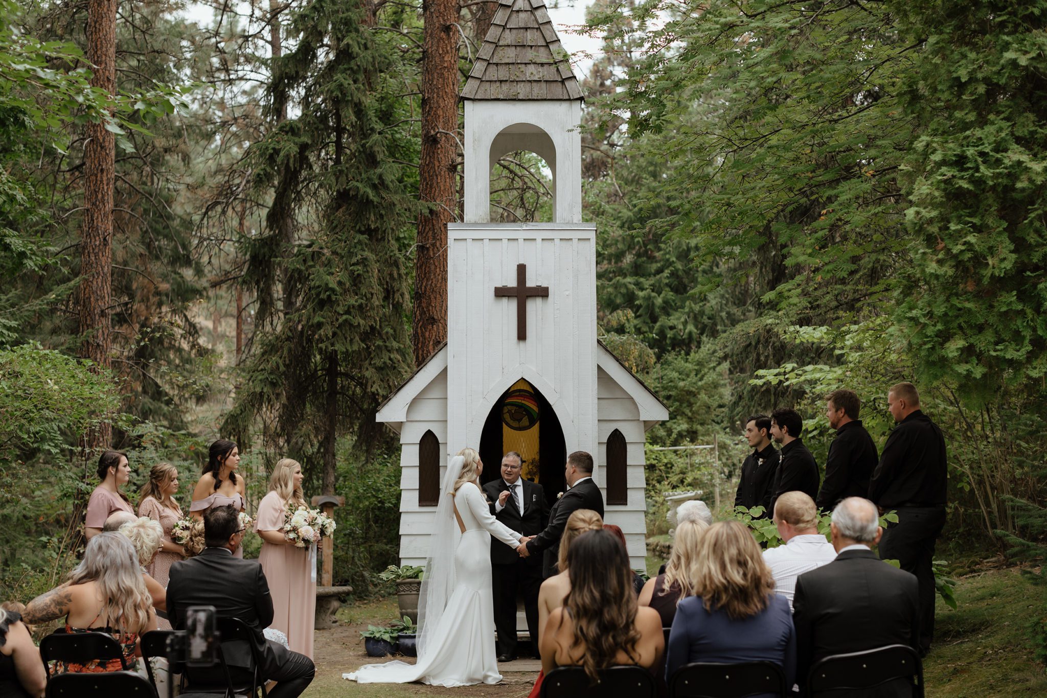 Tiny white chapel in the heart of Okanagan wine country in British Columbia
