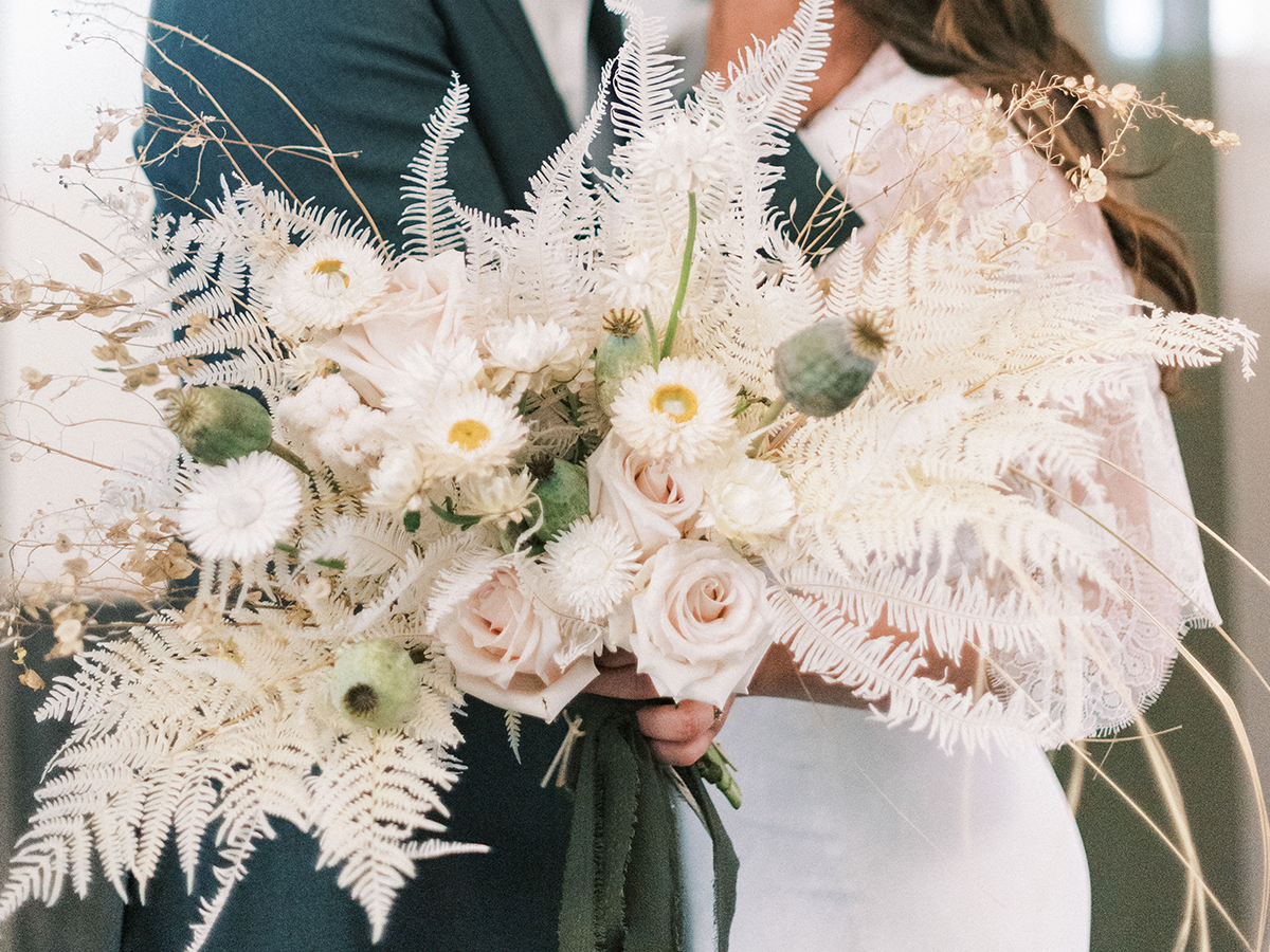 White boho bridal bouquet inspiration with dried florals