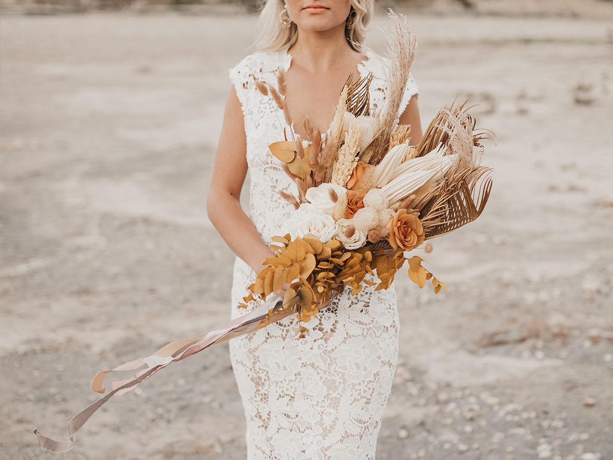 Dried boho bridal bouquet for an earthy wedding or elopement