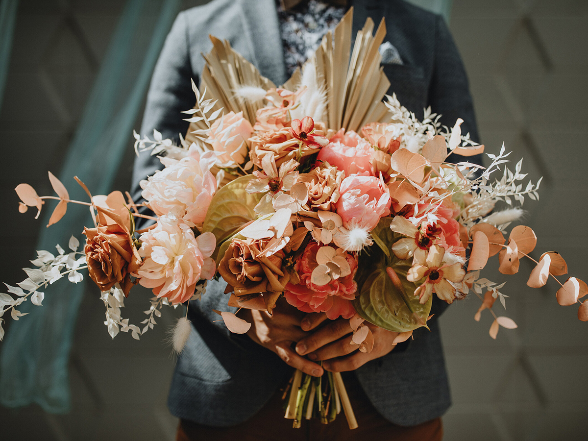 Brimming bold boho bridal bouquet inspiration with peonies and dried florals from Fabloomosity