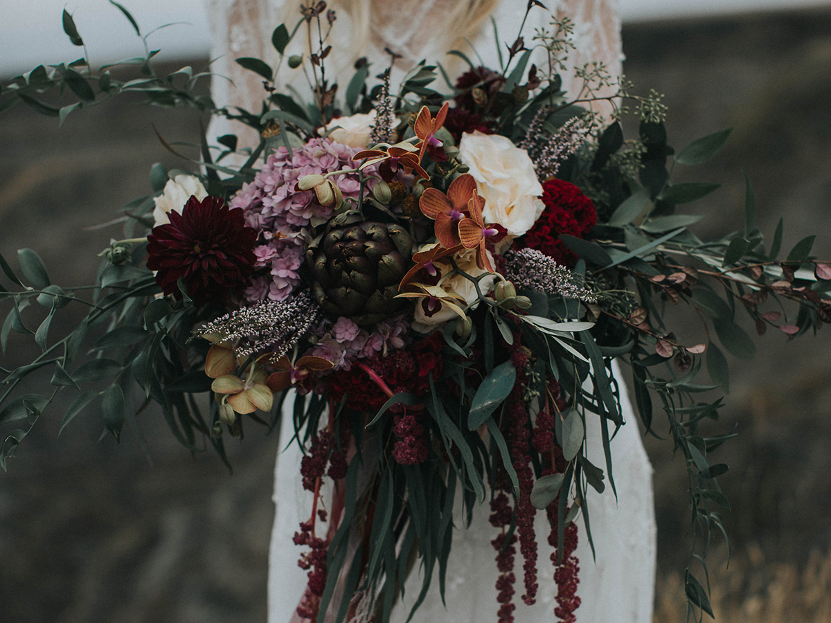 Moody and earthy bold boho bouquet for a bohemian bride from Fabloomosity