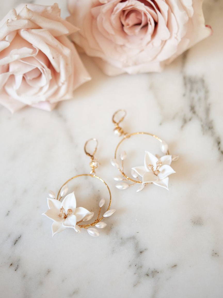 Delicate floral inspired mother of pearl earrings for bridal elegance