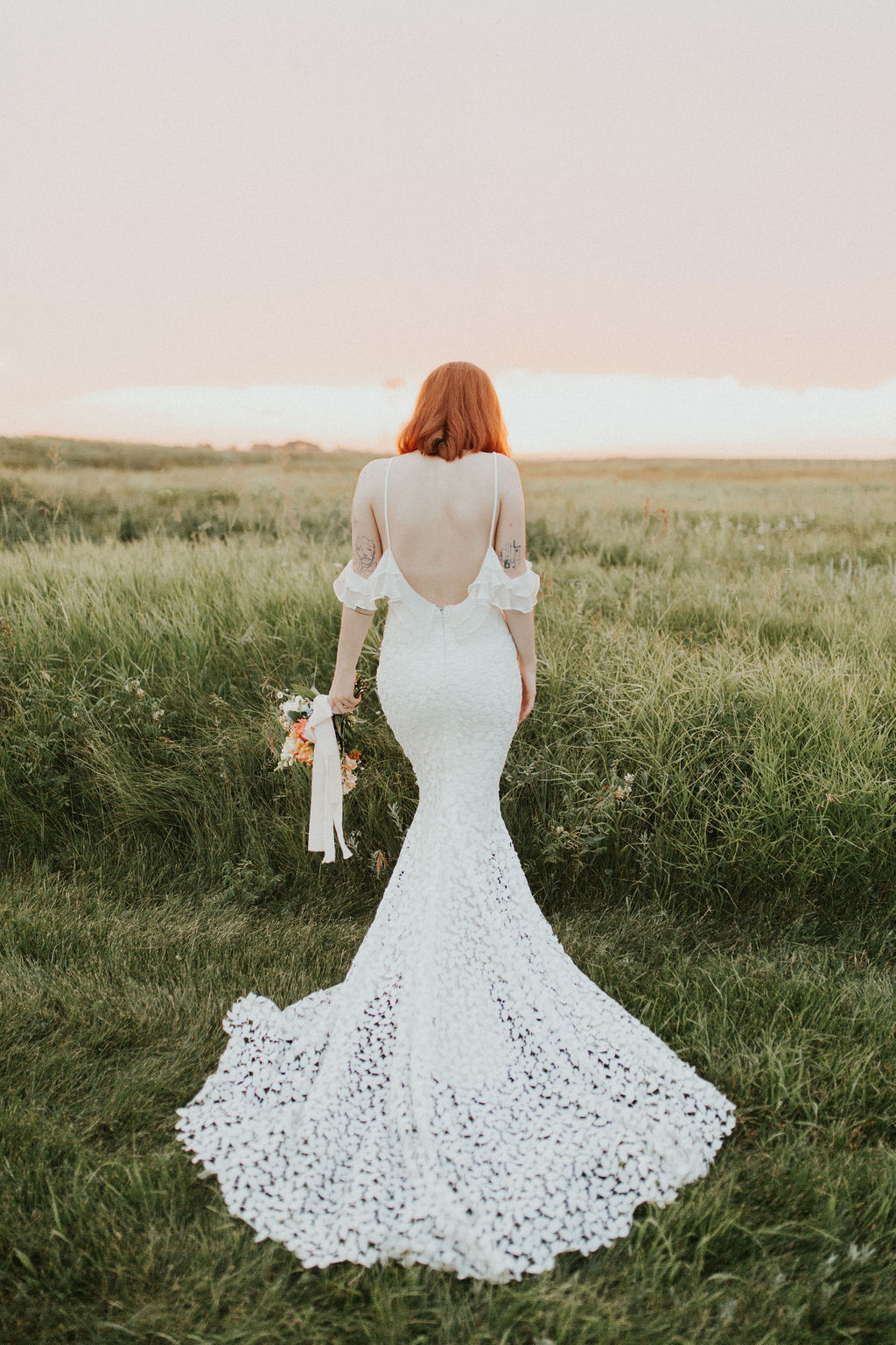 Dreamy backless wedding dress with ruffled off the shoulder sleeves
