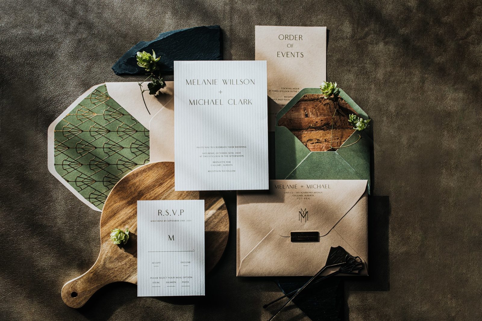 Modern mid-century design for wedding inspiration for a fall inspired colour palette featuring olive and safe hues