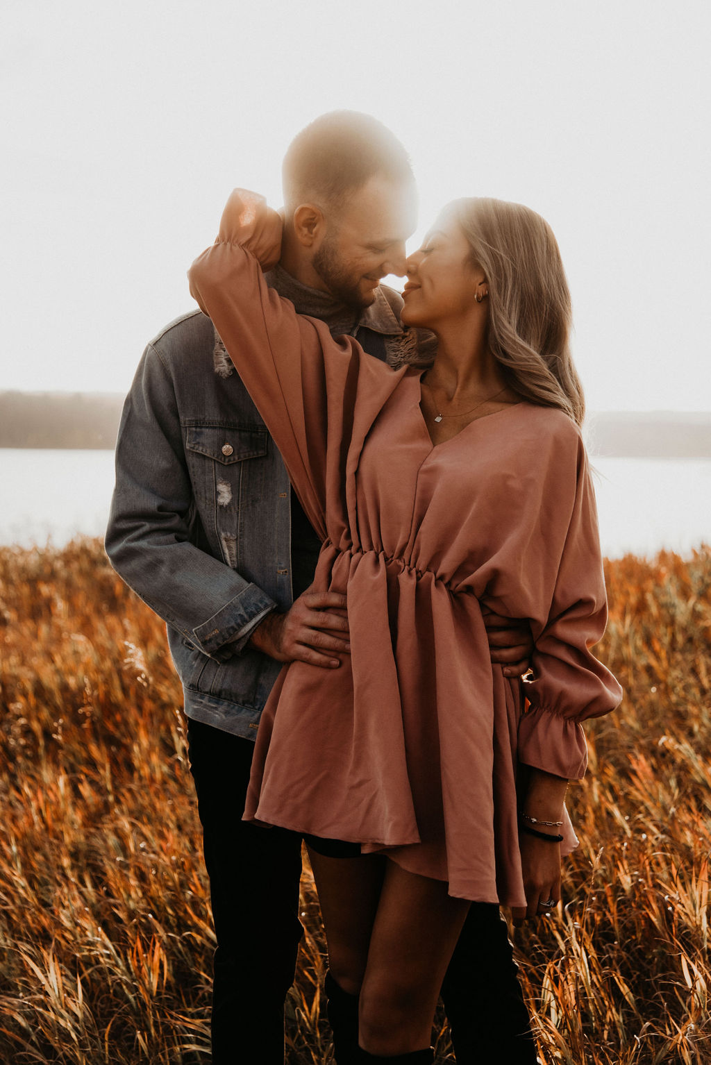 Blush dress and denim jacket perfect for engagement session outfit inspiration