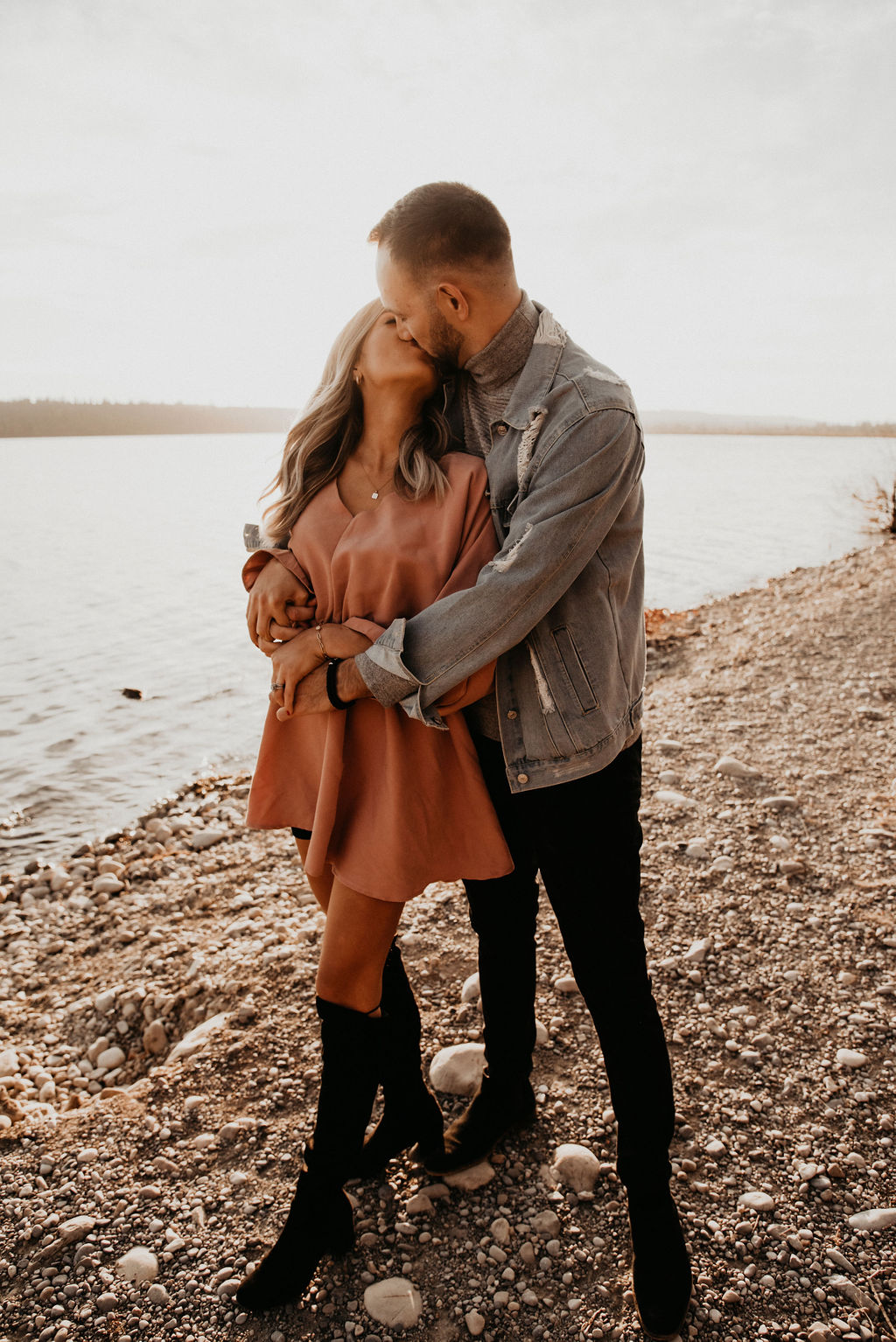 Sunset engagement session inspiration with a blush dress and denim jacket