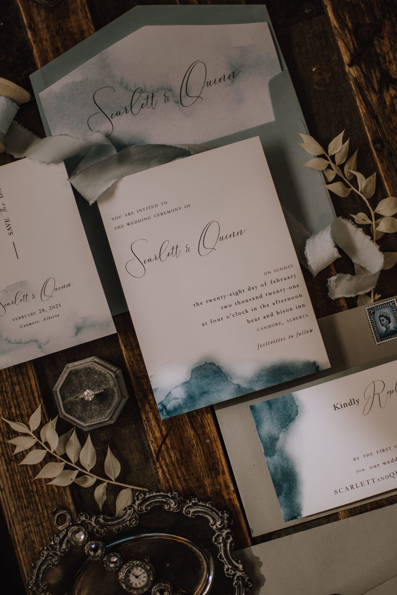 Canmore wedding stationery inspiration for a moody wedding with vintage and heirloom pieces