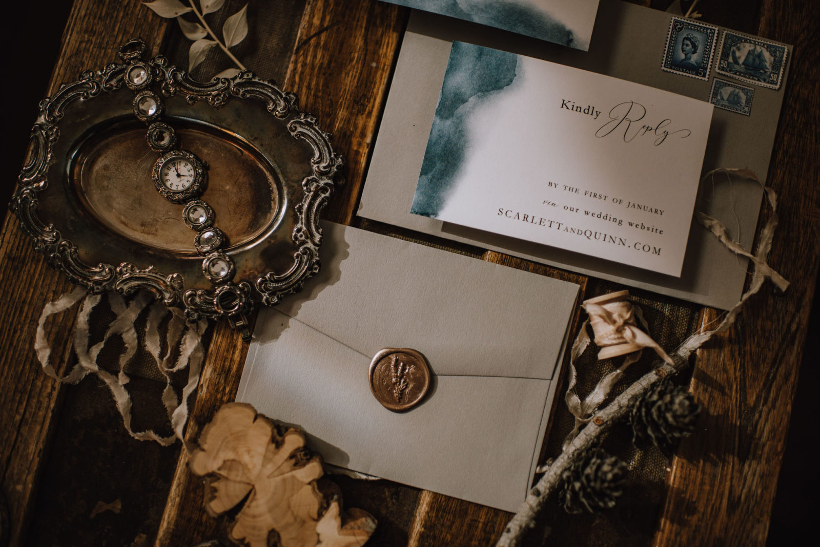 Heirloom inspired wedding decor with vintage stationery inspiration and an antique silver watch