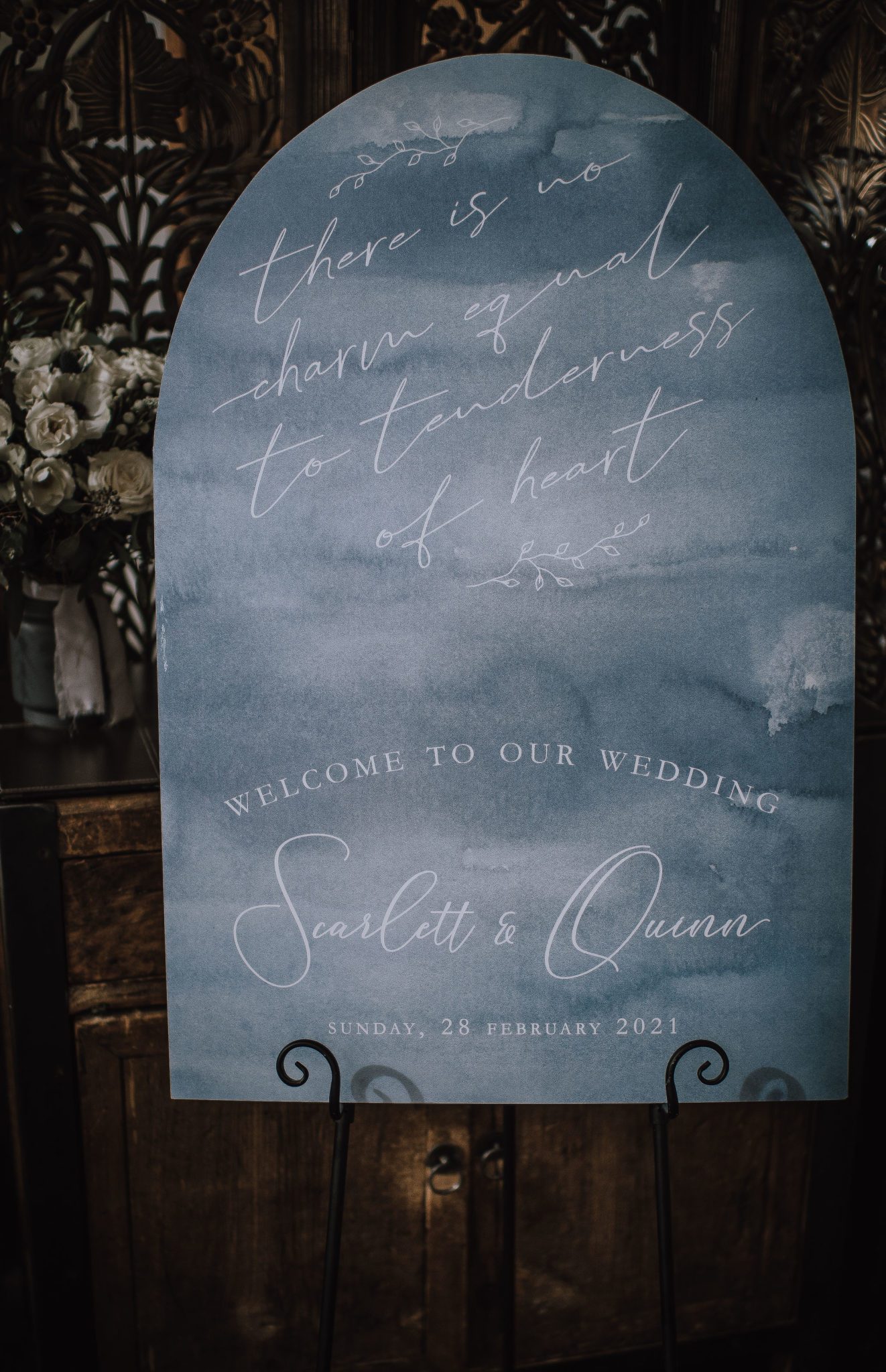 Dusty blue marbled wedding signage for a moody winter wedding in Canmore Alberta
