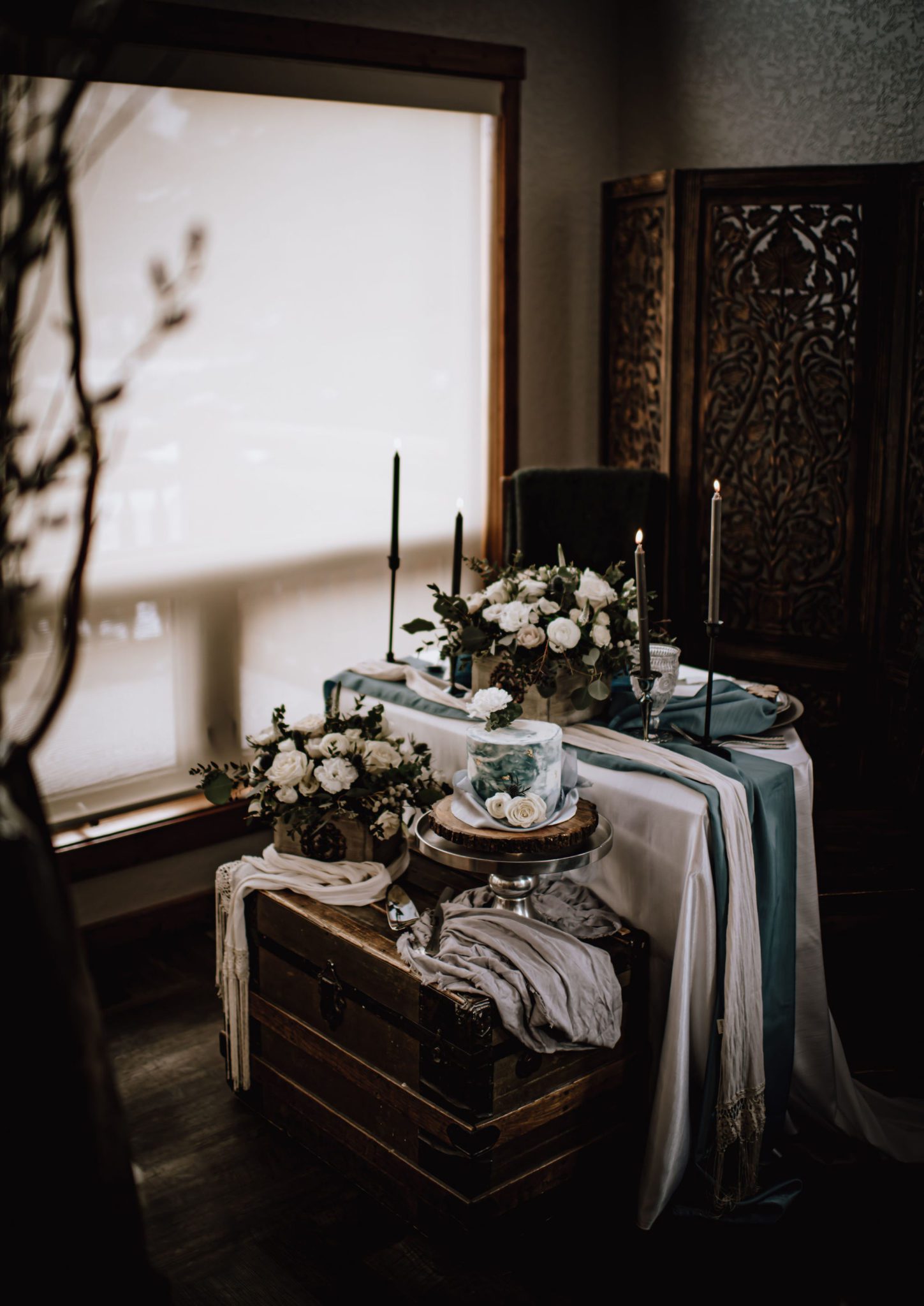 Vintage winter wedding inspiration with dusty blue and silver accents