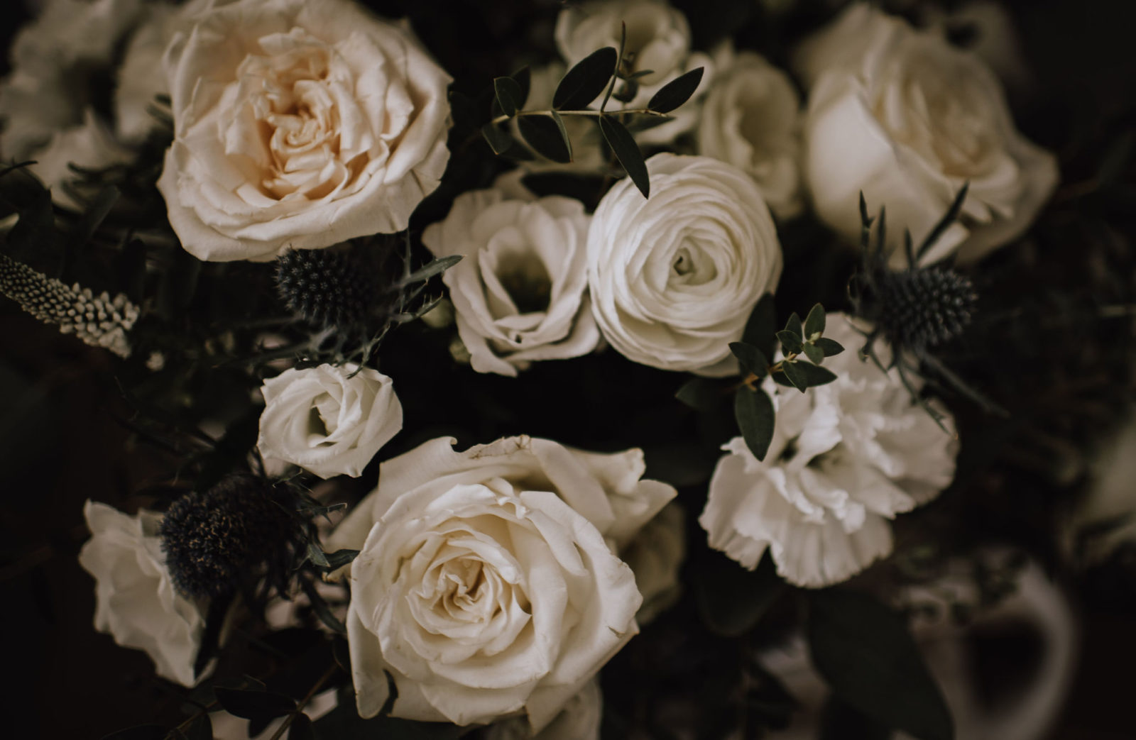 Monochromatic floral arrangement with white roses and white ranunculus