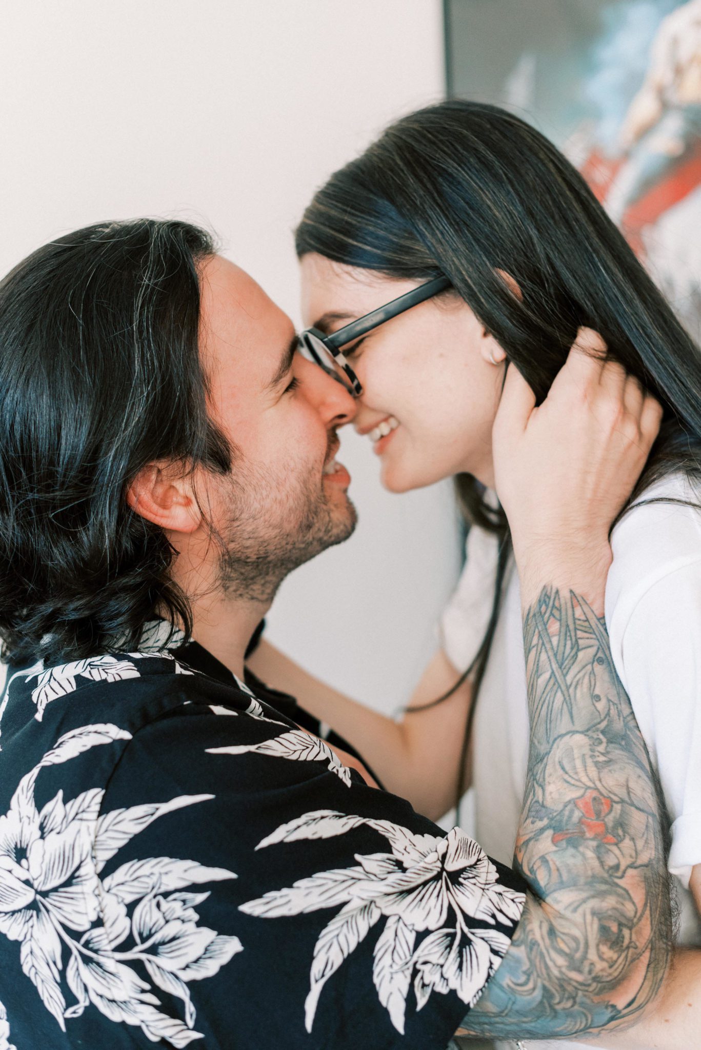 Engagement session filled with bold patterns and retro vibes