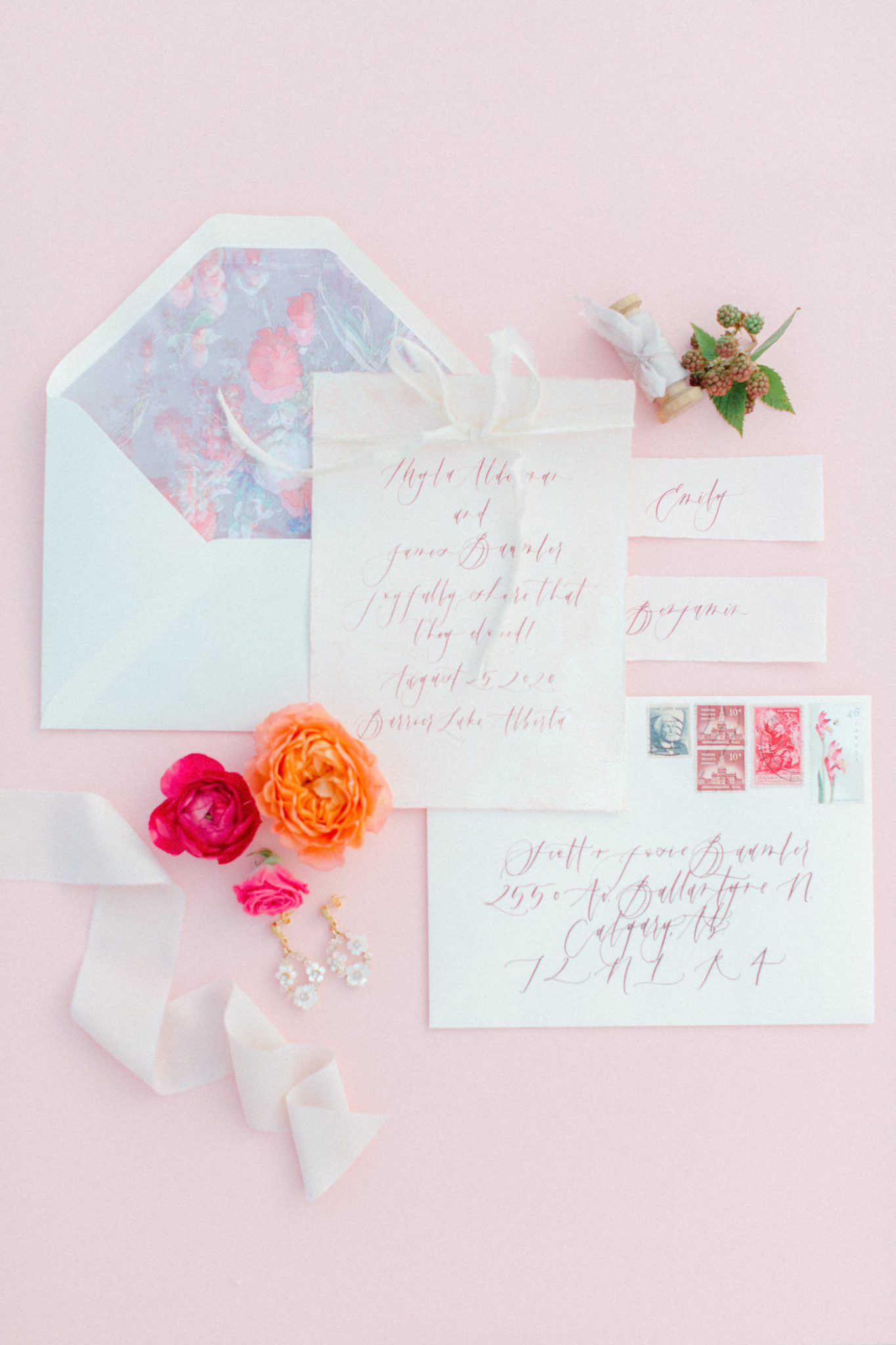 Romantic pink and white wedding stationery inspiration for a mountainside wedding