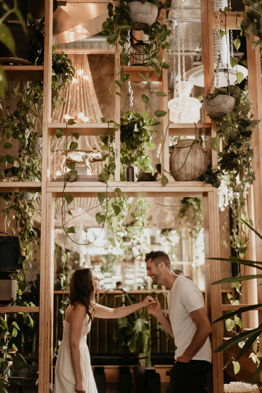 Botanical bliss for this earthy restaurant engagement session