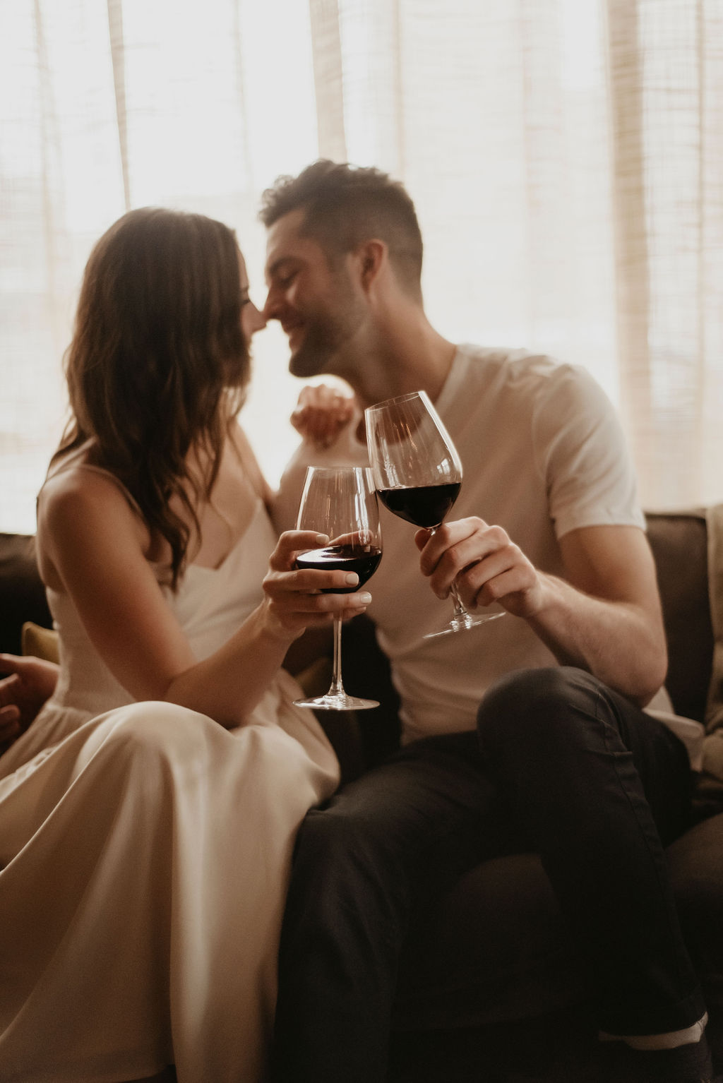 Romantic red wine engagement photos