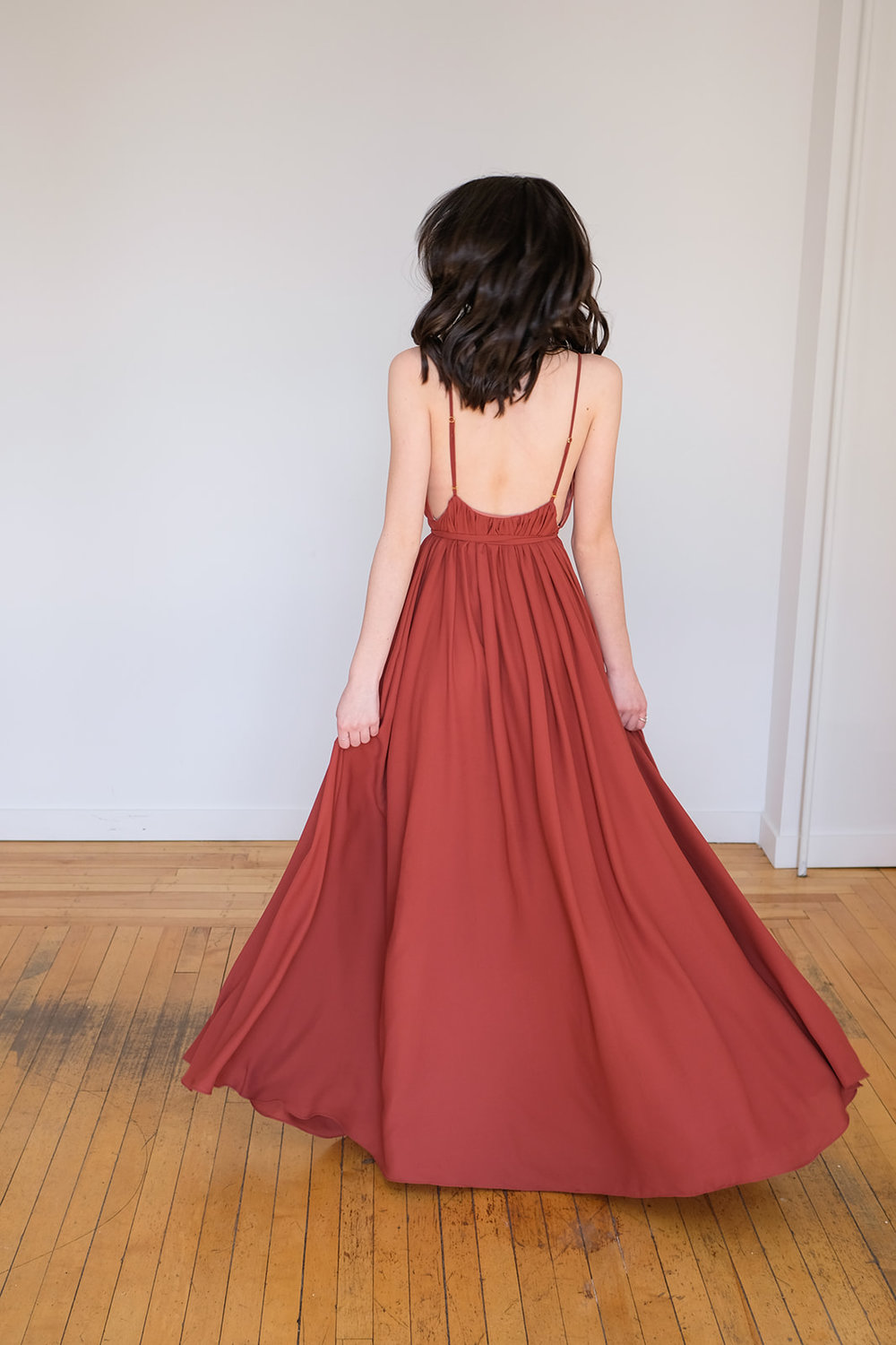 Custom made rust coloured bridesmaid dress from Canadian designer Maide the Label