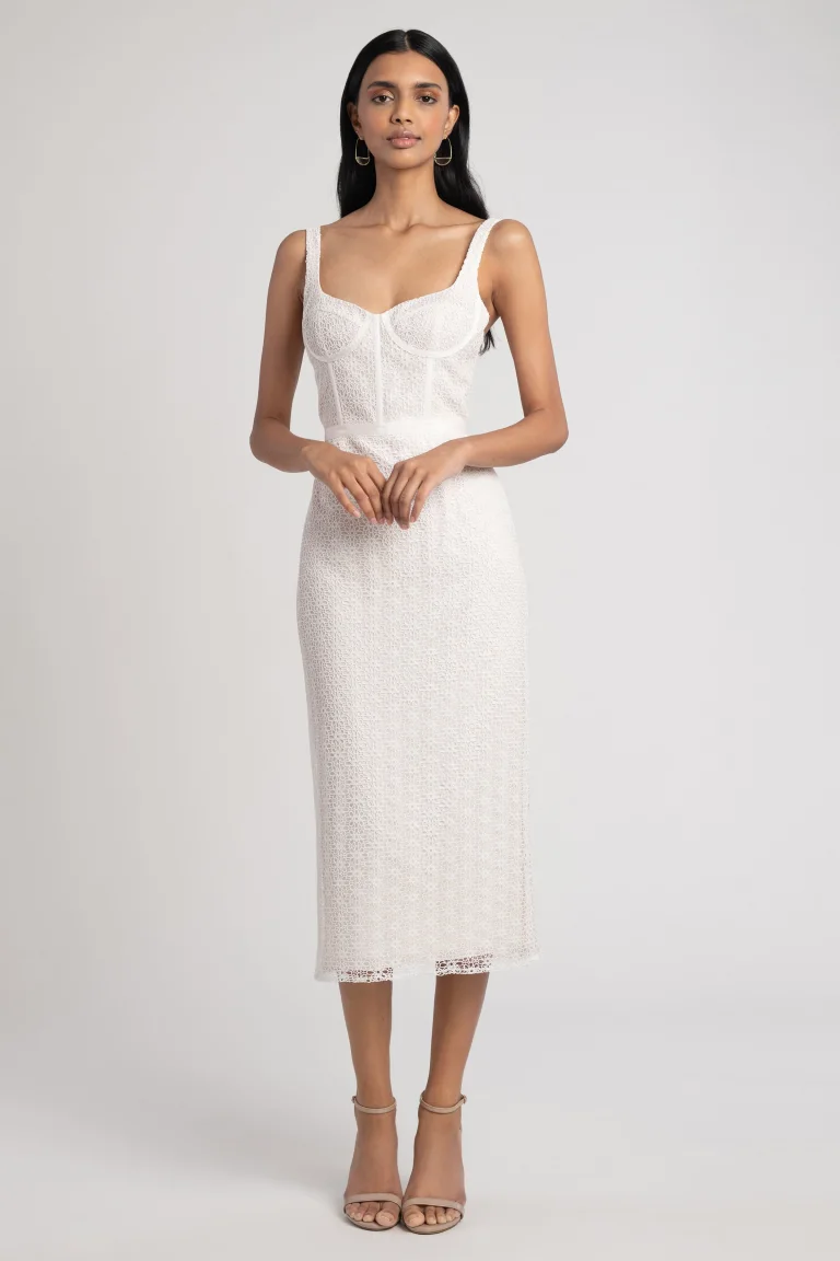 Structured white midi gown from Jenny Yoo perfect for your bachelorette 