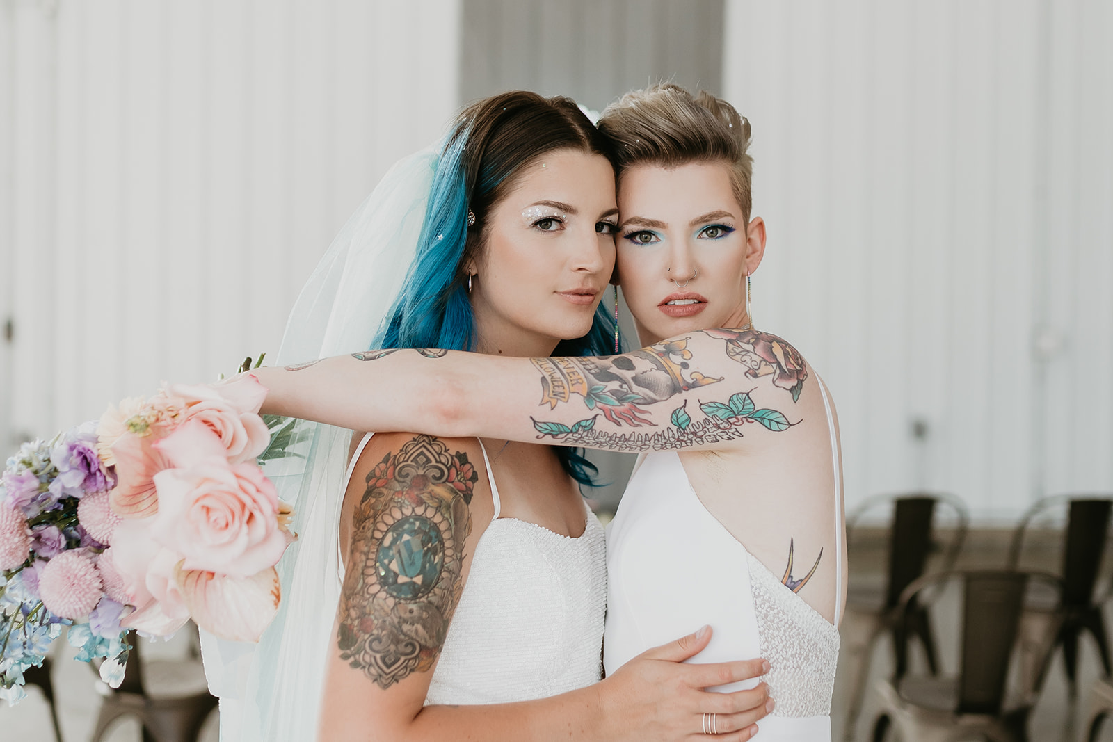 Rocker chic brides at 52 North Venue in Sylvan Lake Alberta Canada