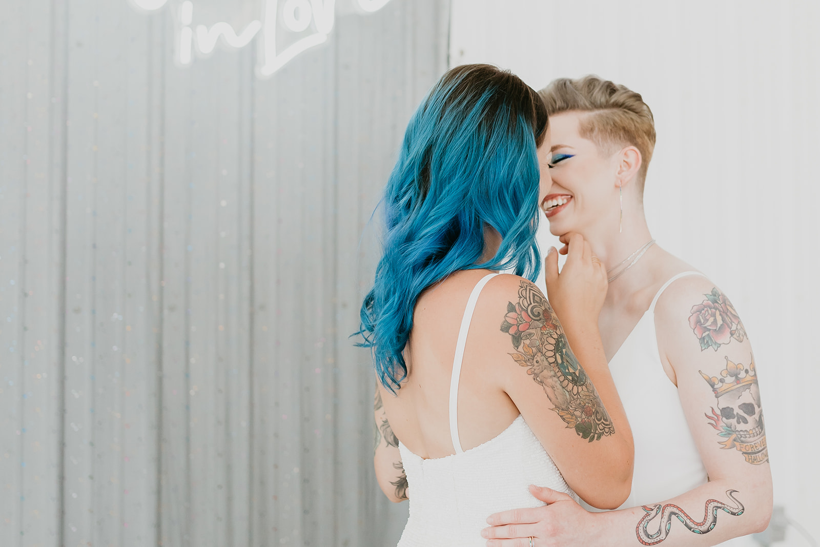 Blue haired rocker chic bride with tattoos