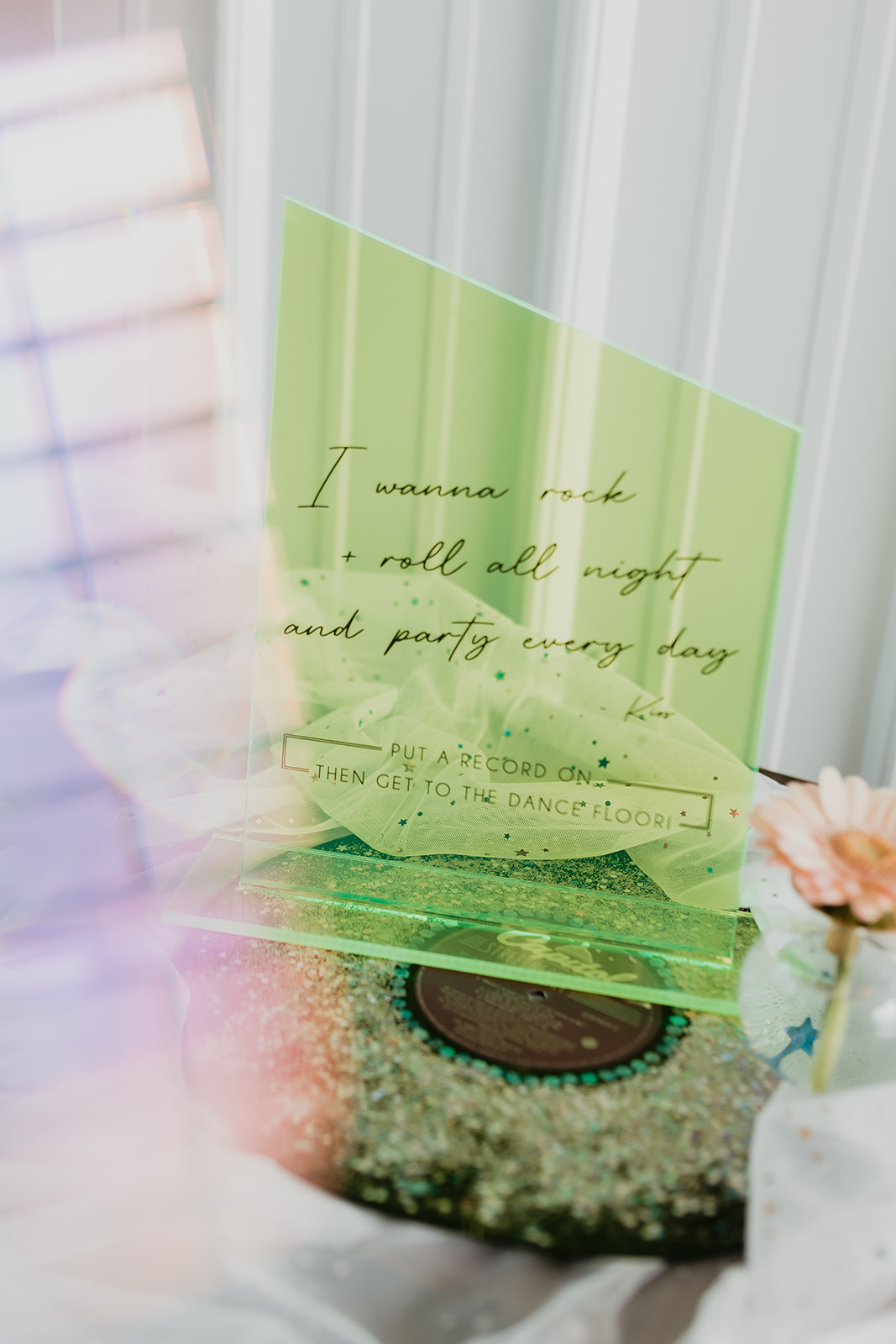 Holographic inspired neon green wedding signage