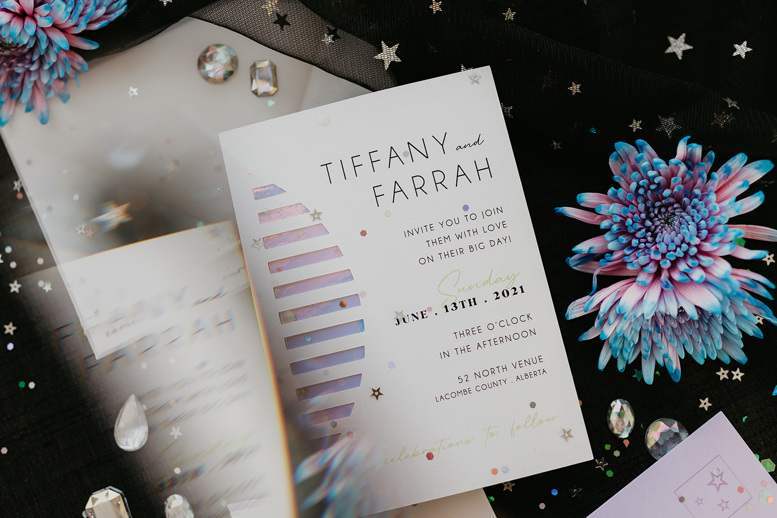 Holographic inspired wedding stationery for fans of colour and sparkles