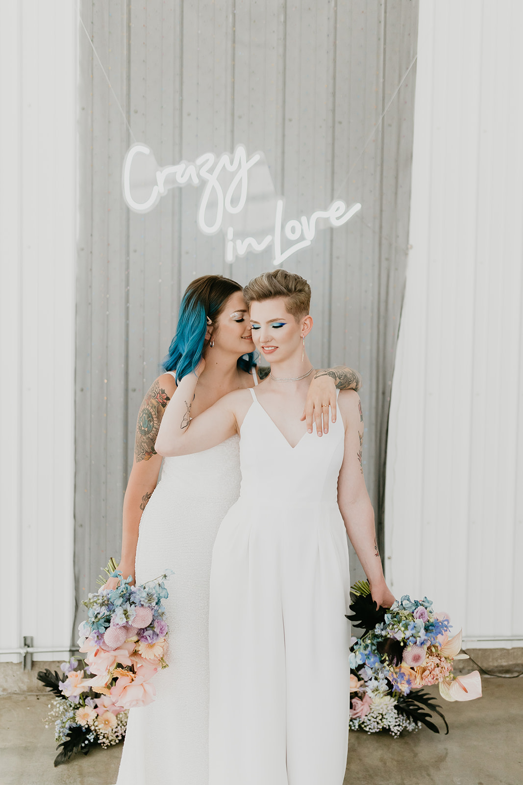 Rocker style brides show off their bridal bouquets and bridal style