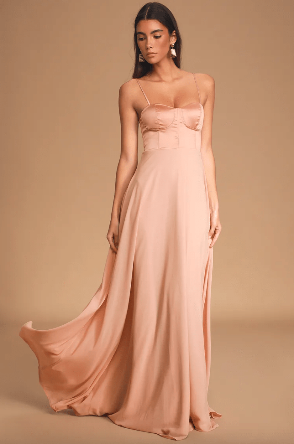 Satin bustier blush gown from Lulus perfect for fall bridesmaids 