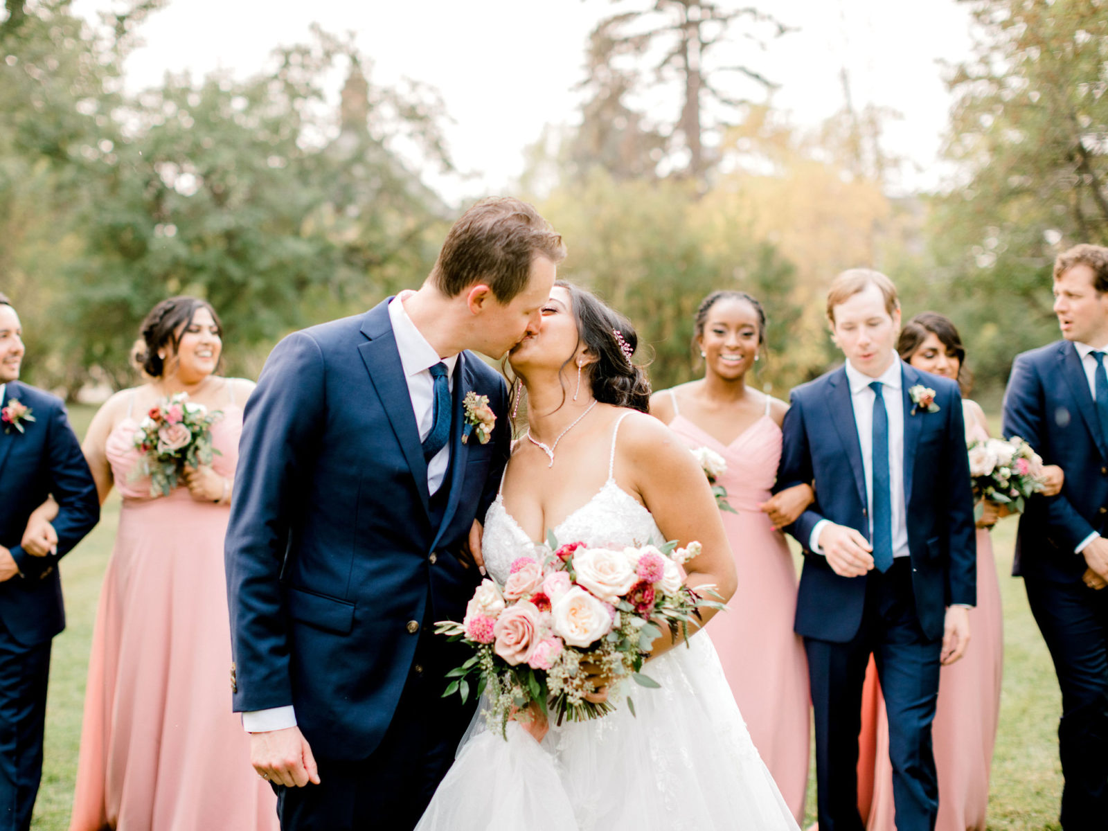Summer wedding palette inspiration with navy and blush wedding party attire