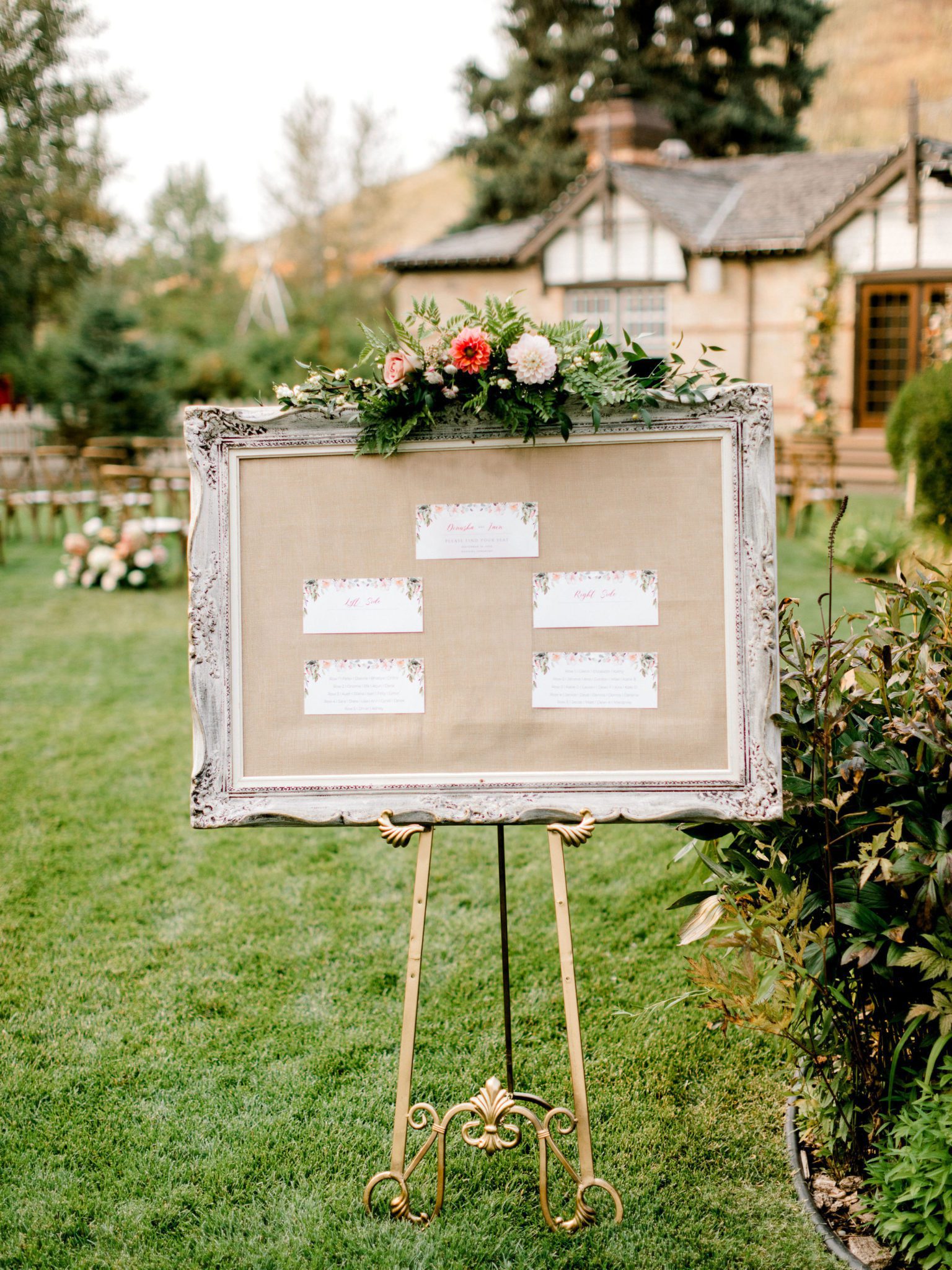 Romantic seating chart with floral details for an outdoor summer wedding ceremony