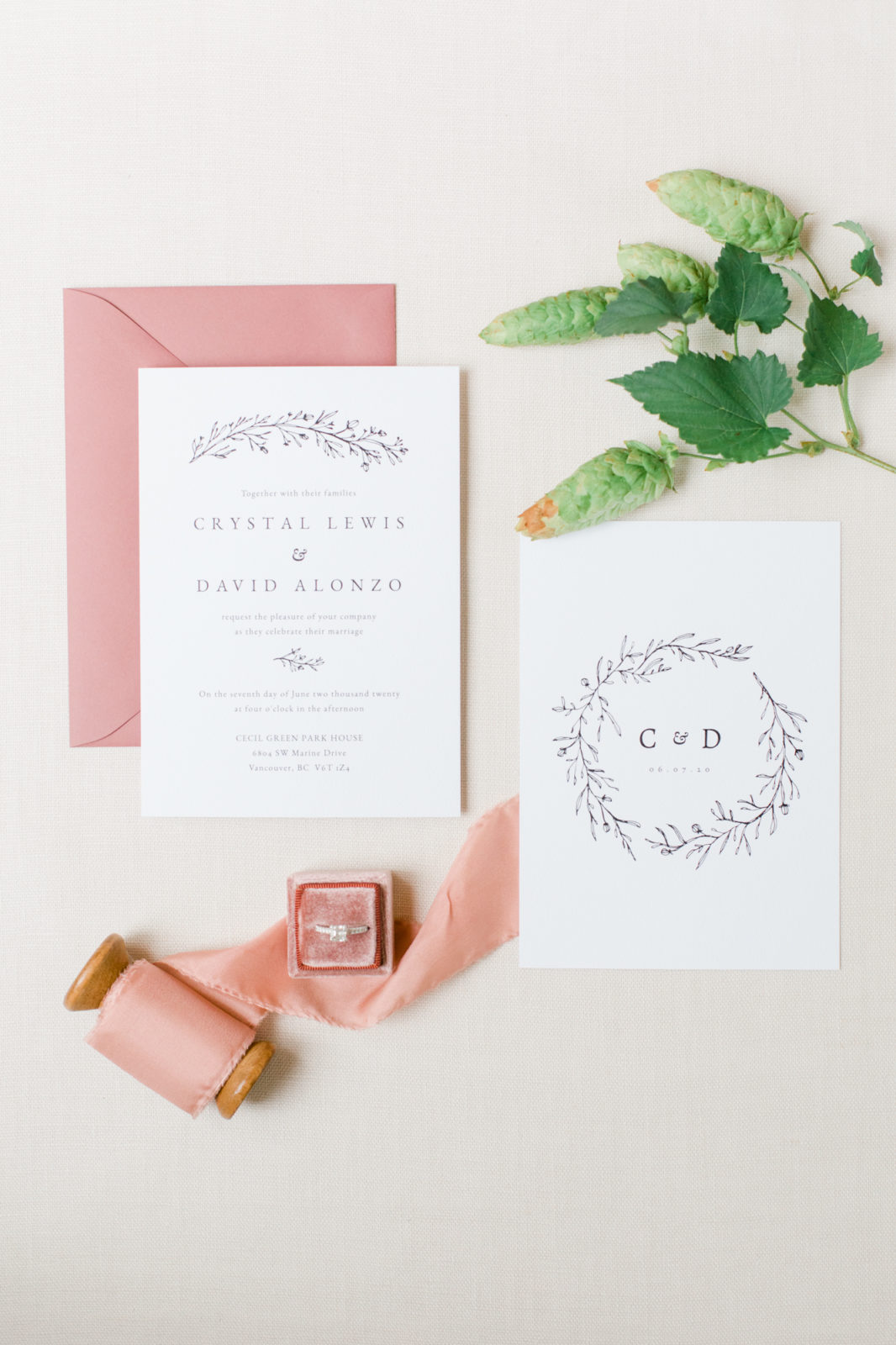 Romantic blush and white wedding day details and stationery