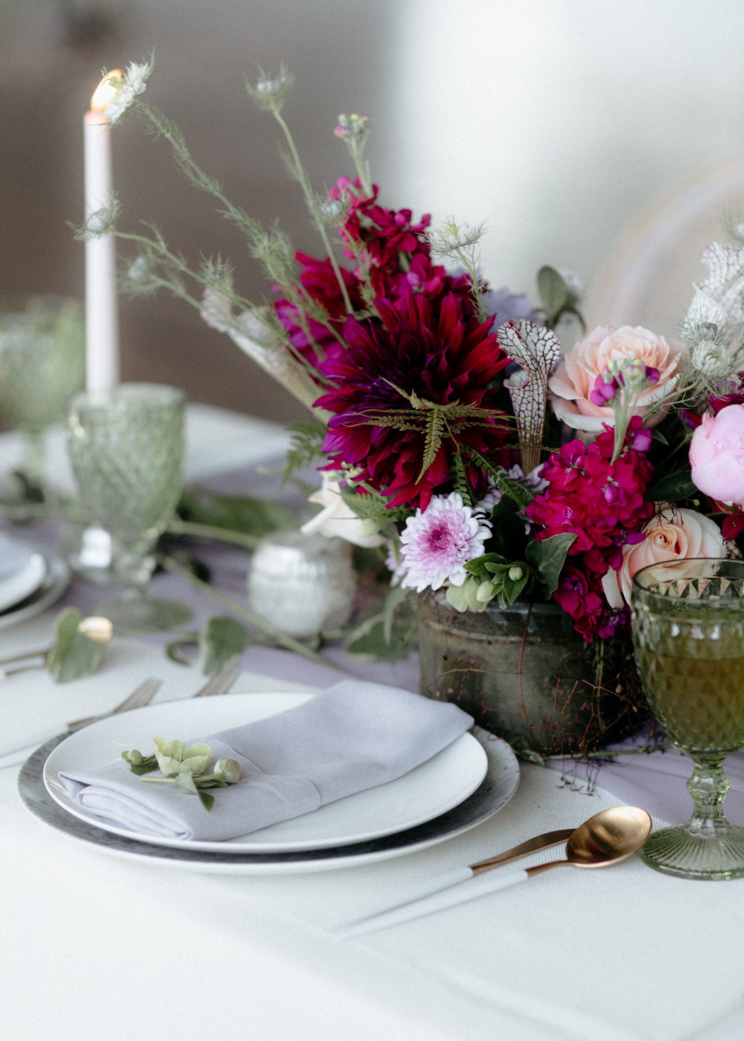 Plum and olive table floral arrangements for wedding reception inspiration