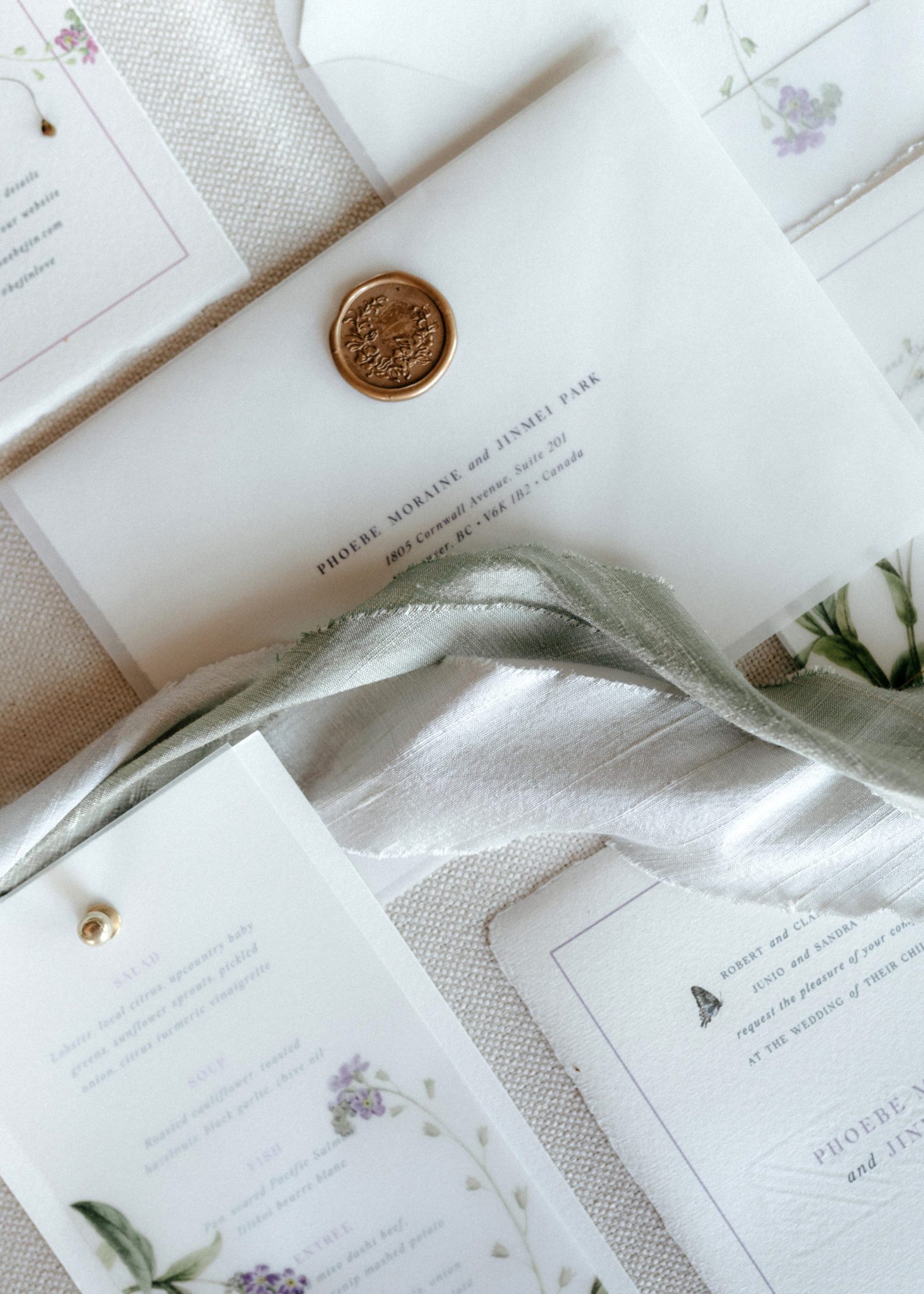 Classic romantic wedding stationery with olive green ribbon