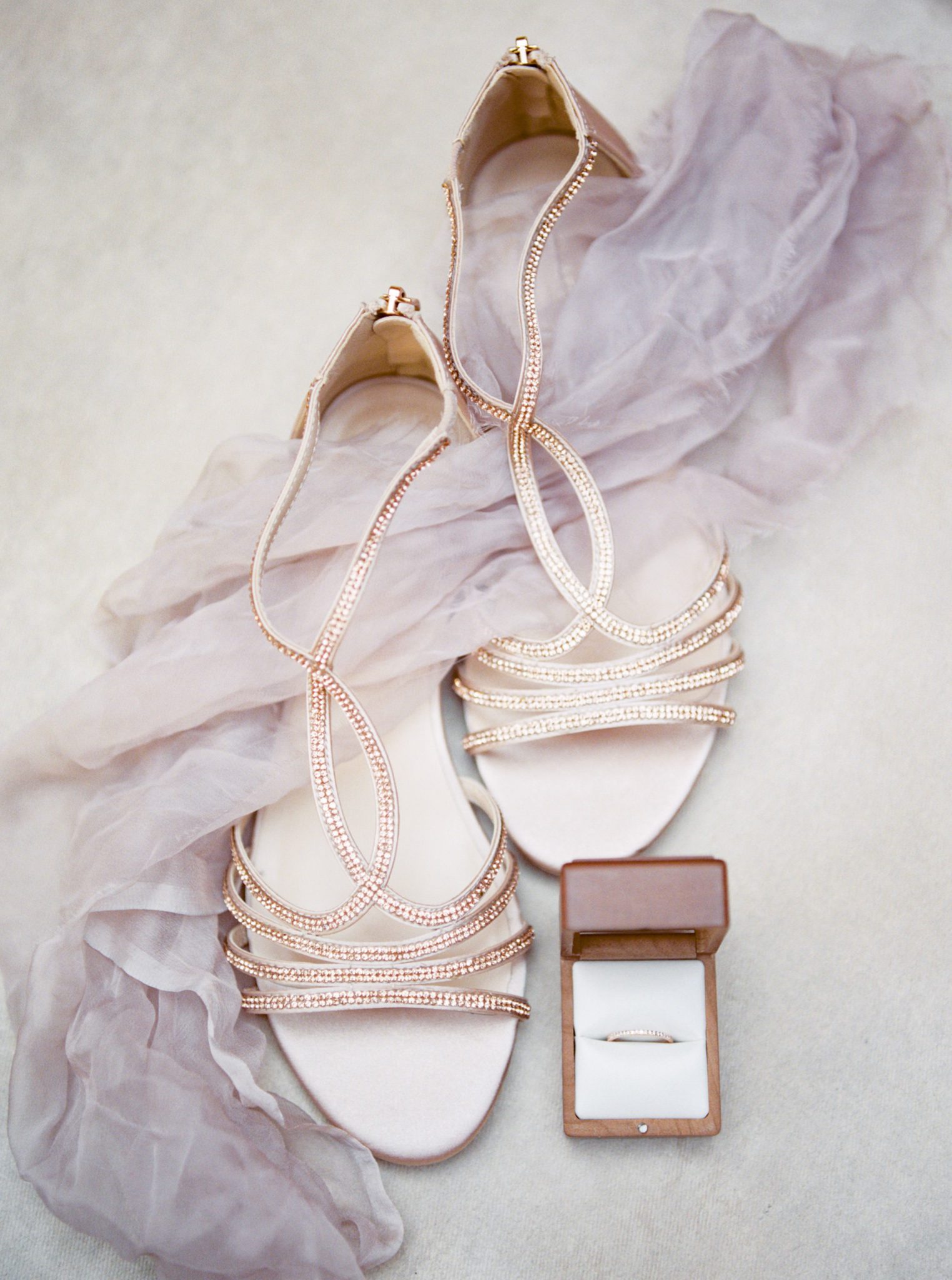 Rose gold bridal heels styled with lavender silk ribbon