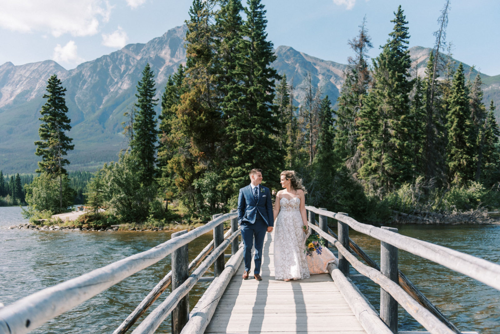 Pyramid Lake Island bride and groom inspiration in Jasper National Park