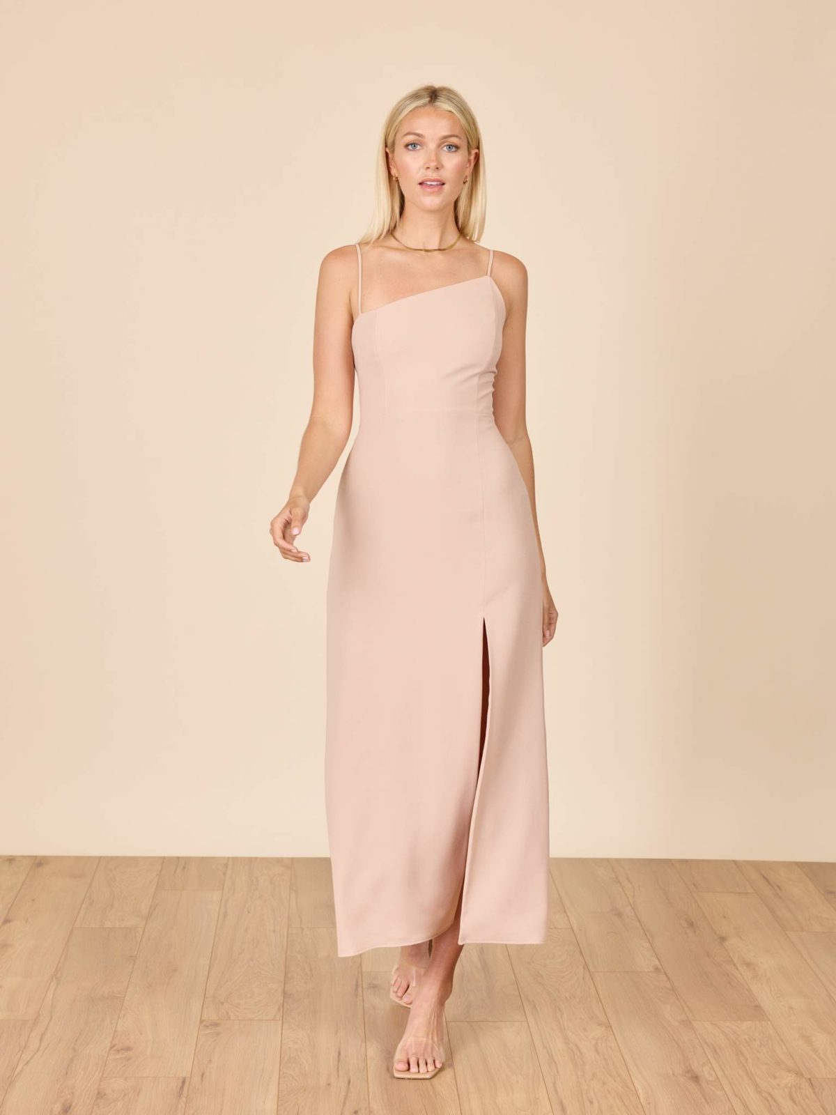 Peach asymmetrical crepe bridesmaid gown from Park & Fifth 