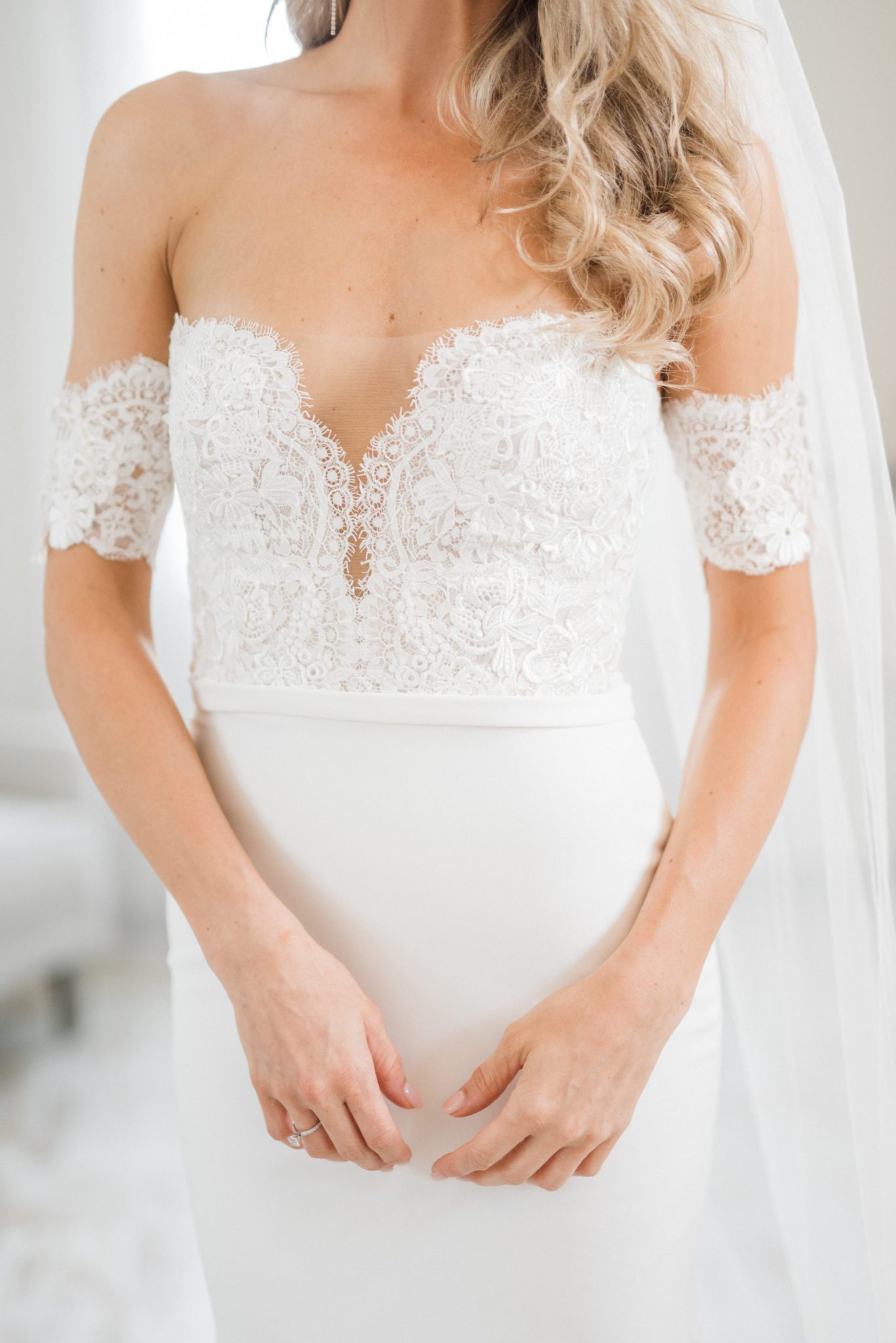 Romantic off the shoulder lace wedding gown