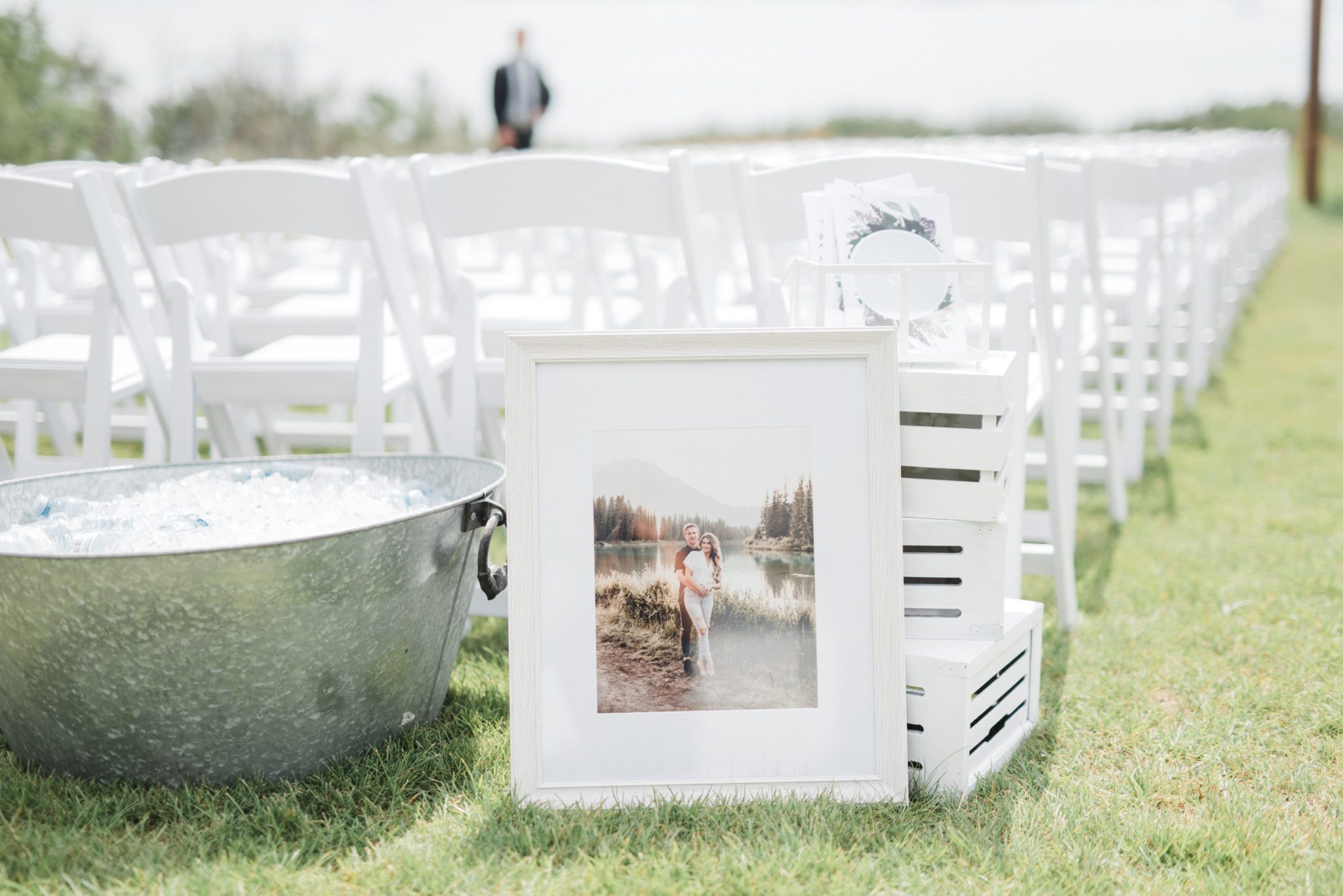 Engagement photos used as decor on a wedding day